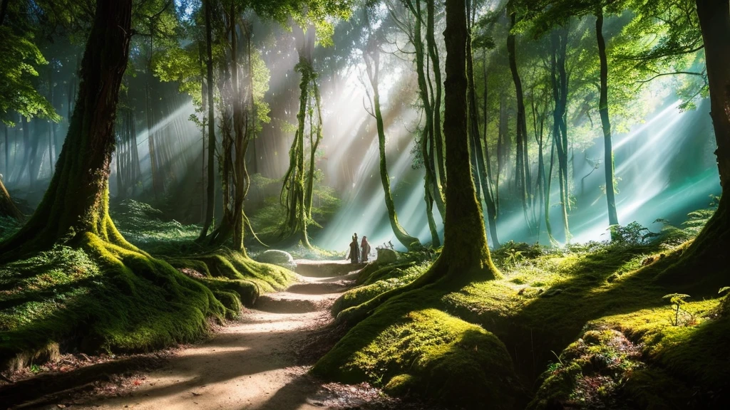 （Enchanted Forest 7，Magical creatures，（Glowing Mushroom），Shining waterfalls，Fantasy，Leonora Carrington，Fantasy Forest，Hazy perspective，wood々The sunlight shining through，，Colorful，assignment，Light and shadow effects，khd，masterpiece，Detailed explanation，depth of field fairy