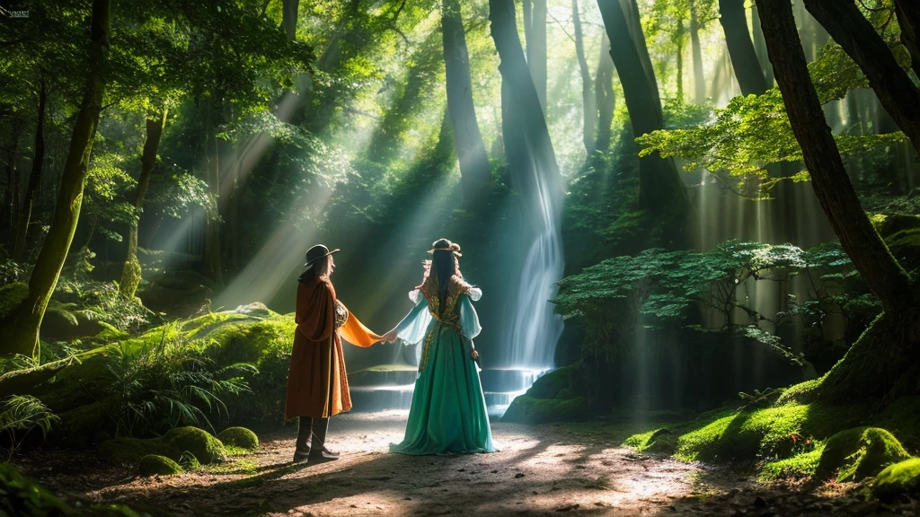 (Enchanted Forest 7,Magical creatures,(Glowing Mushroom),Shining waterfalls,Fantasy,Leonora Carrington,Fantasy Forest,Hazy perspective,wood々The sunlight shining through,,Colorful,assignment,Light and shadow effects,khd,masterpiece,Detailed explanation,depth of field fairy