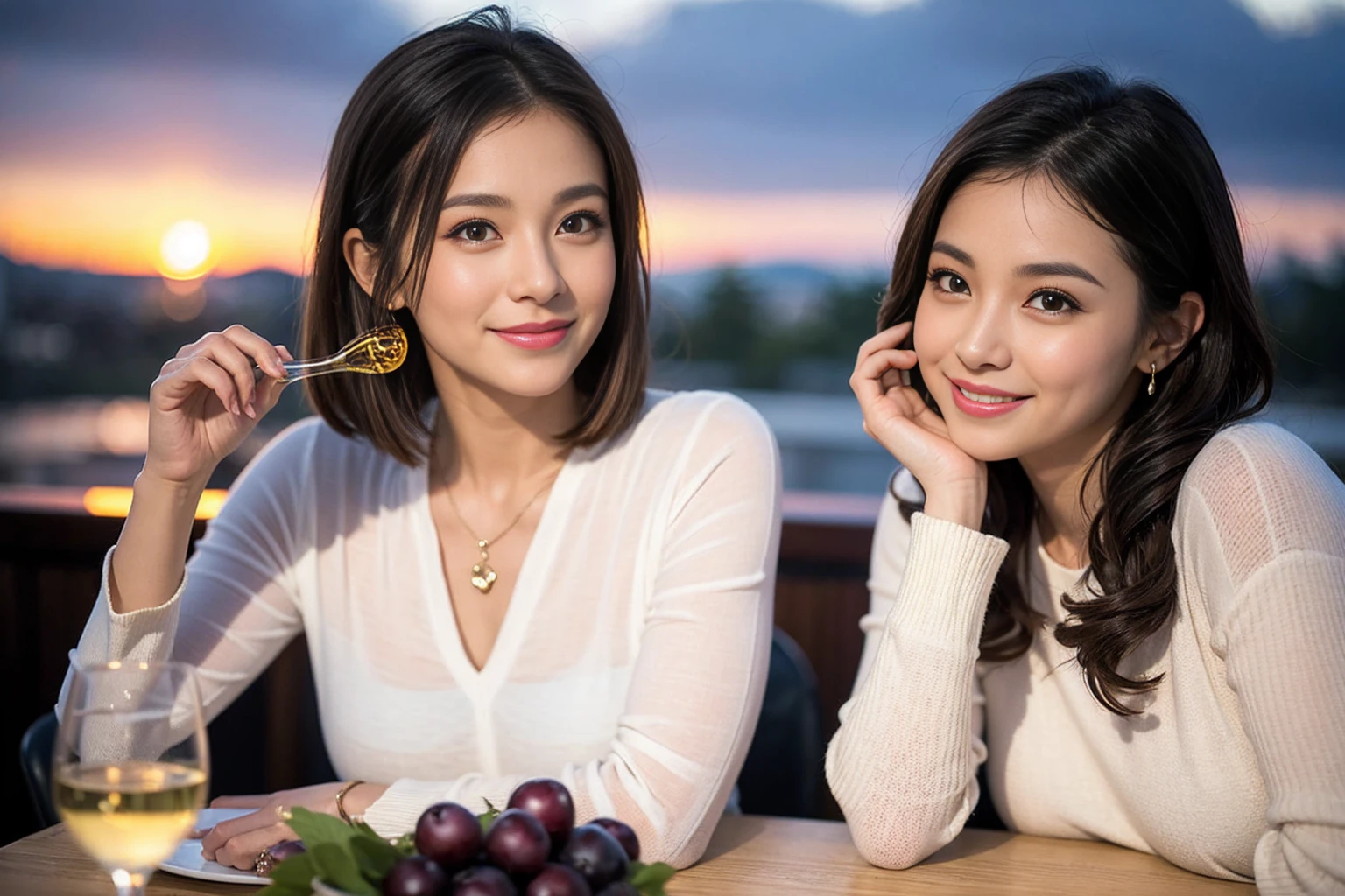 (Realistic:1.2),(masterpiece,Highest quality),8k,((men and women)),Age 35,37 years old、最高のsmile、Happy Couple, Full course dinner at the table、Wine Party、wine glass、White wine、sparkling wine、red wine、Upper Body、Tight waist,Perfect Anatomy, Brown Hair, short hair,Random Hairstyles,Amazing view of the sunset sky and clouds、Long sleeve shirt、dress,((Highly detailed face and eyes:1.2))(Cute Face:1.4),Beautiful actress face,Perfect golden ratio face,woman'suit、Nice,(smile:1.2)、