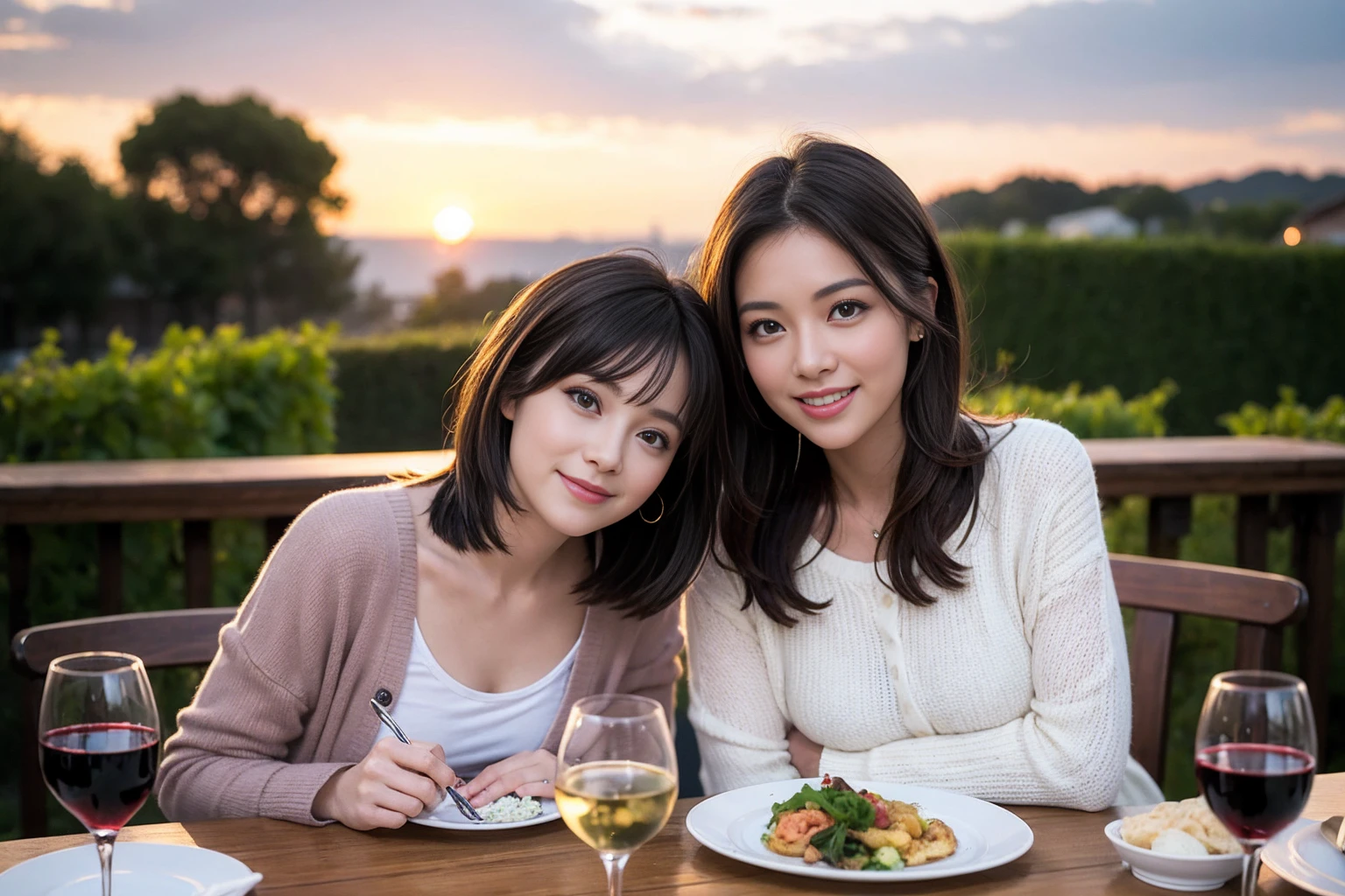 (Realistic:1.2),(masterpiece,Highest quality),8k,((men and women)),Age 35,37 years old、最高のsmile、Happy Couple, Full course dinner at the table、Wine Party、wine glass、White wine、sparkling wine、red wine、Upper Body、Tight waist,Perfect Anatomy, Brown Hair, short hair,Random Hairstyles,Amazing view of the sunset sky and clouds、Long sleeve shirt、dress,((Highly detailed face and eyes:1.2))(Cute Face:1.4),Beautiful actress face,Perfect golden ratio face,woman'suit、Nice,(smile:1.2)、
