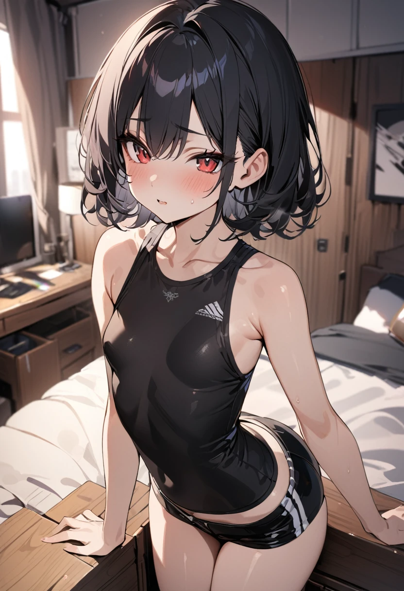 Masterpiece, 8k resolution, 1 girl, short black hair, detailed red eyes, small breasts, black top, hotpants, detailed room background