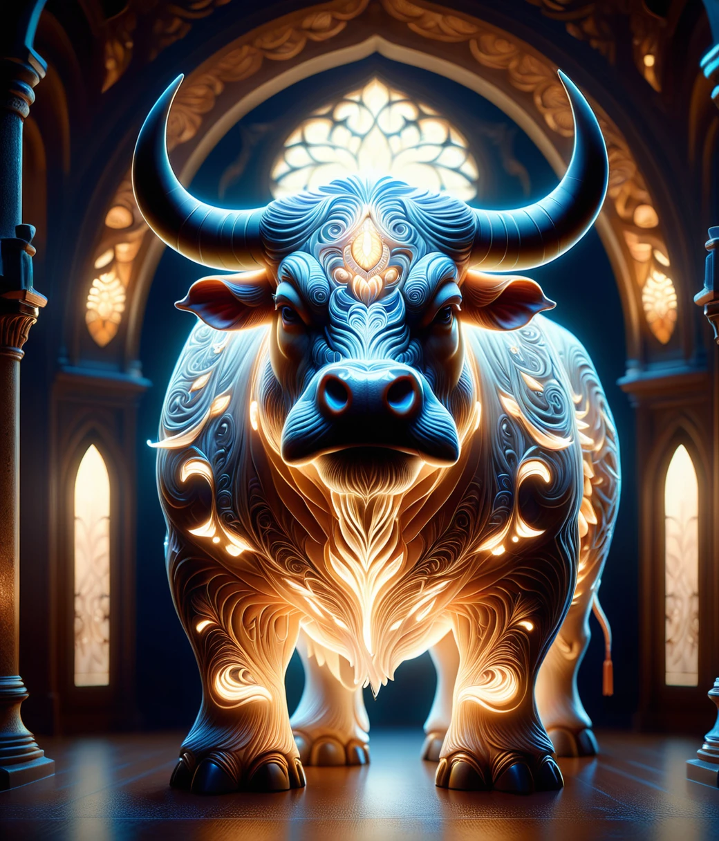 (cute, Obese, male, anthro, bull), photorealism, intricate details, extremely detailed, outstanding intricacies, best quality, hires textures, cinematic lighting, creating an endearing expression as it gazes directly into the camera. casting an eerie glow that illuminates their surroundings. the figure's stance is firm and unwavering, casting a gentle glow on its surroundings. its location within the room is not discernible from the image, circular windows, warm light. this gives the impression of a bioluminescent creature, intricately detailed, painstaking attention to details, detailxl