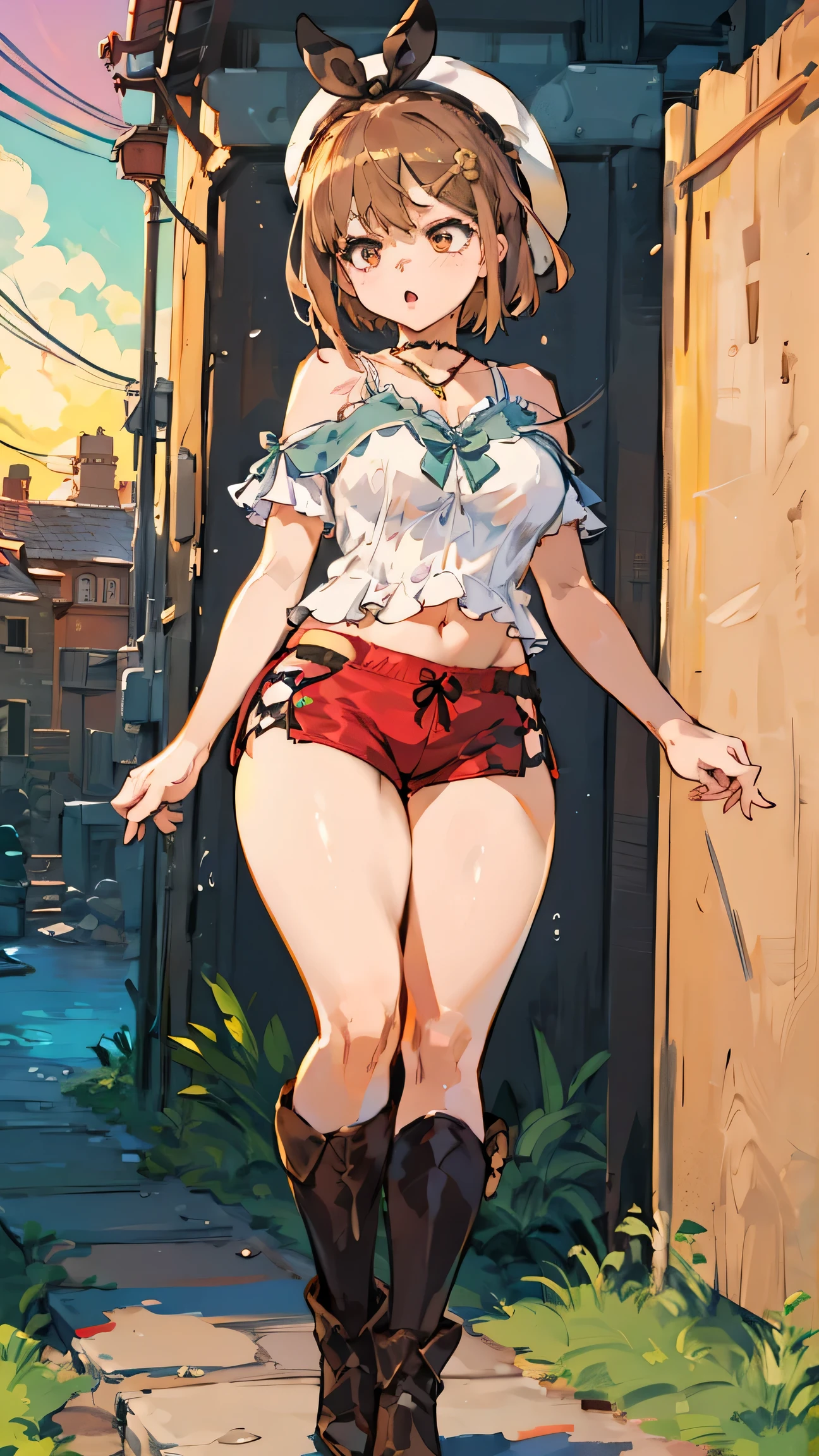 (Highest quality, 8k, masterpiece :1.3),Lizaリン・シュタウト(Lizaのアトリエ),Liza, One woman,Large Breasts,short hair,Brown Hair,hair band,Clothing,hat,White shirt,White camisole,Red shorts,Brown long boots,Blowjob,nsfw,Plump body,Thighs,Full Nelson Pose,Armlock,Piledriver