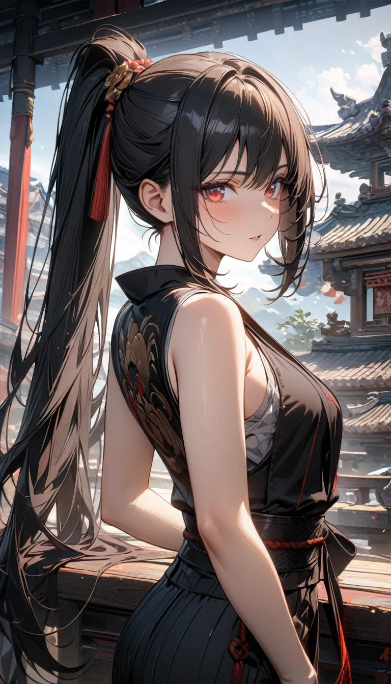 Adult girl, long black hair, high ponytail, red eyes, black hanfu, sleeveless, open shoulders, pants, white elements, Dao, Masterpiece, best quality, Full HD, 8k, ultra details, great graphic