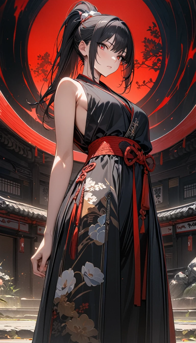 Adult girl, long black hair, high ponytail, red eyes, black hanfu, sleeveless, open shoulders, pants, white elements, Dao, Masterpiece, best quality, Full HD, 8k, ultra details, great graphic