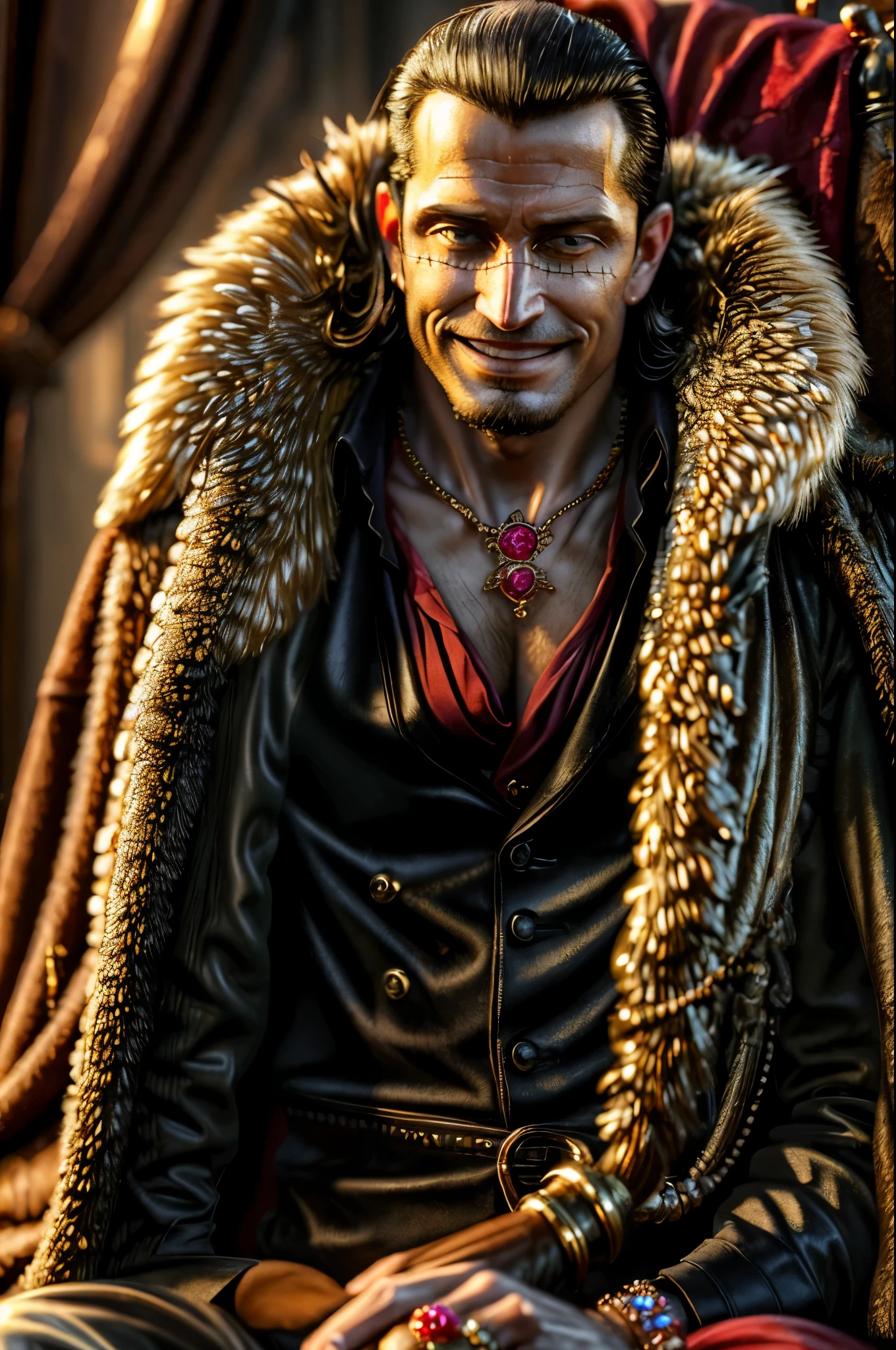 masterpiece, best quality, extremely detailed, hyperrealistic, photorealistic, a cool 40s man, ultra detailed face:1.2, fur-trimmed coat, scarf around the neck, his left hand is a golden pirate hook:1.1, sly smile, in ruby style, holding ruby, ruby ring, ruby necklace, ruby bracelet, sitting
