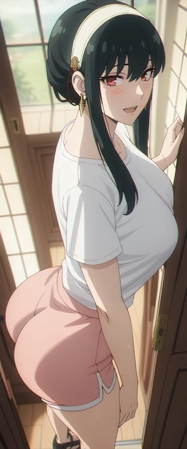 Yor Forger PonyXL,1girl,black hair,red eyes,short hair with long locks,
white hairband,
best quality, masterpiece, ultra-detailed, high quality, highres, 1girl, mature female, beautiful, beautiful and perfect face, aheago, smiling, open mouth, looking at viewer, (white t-shirt, pink shorts), sweating, breasts, large ass, curvy body, POV, close shot, from the side, from behind, from above, standing, full body, 1boy, hand grabbed ass,
detailed hand, in home, in front of the door, leaning forward