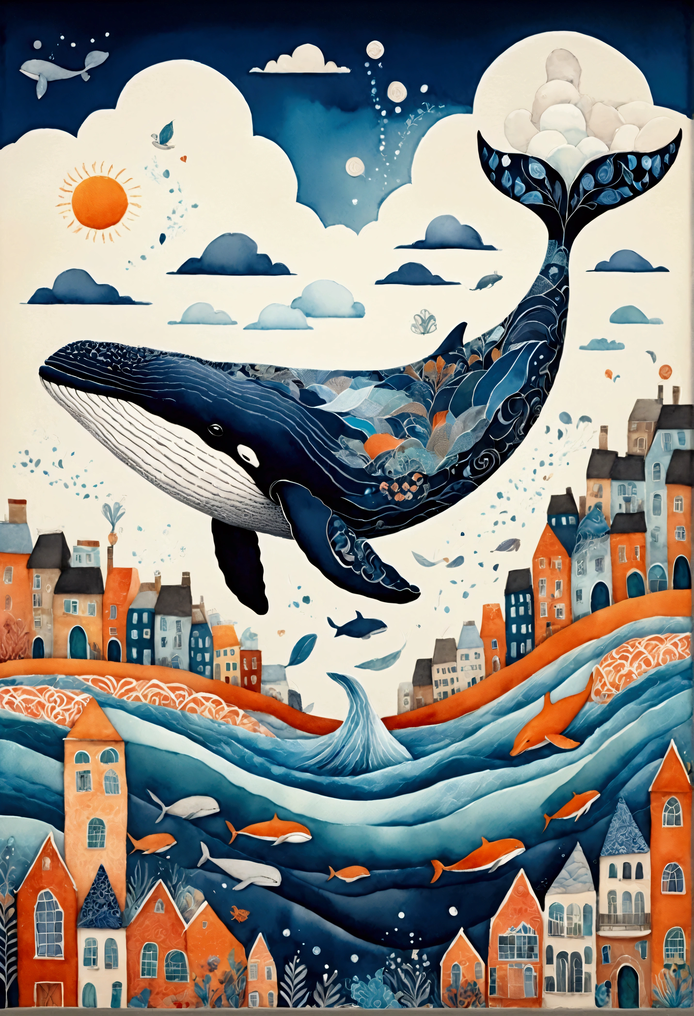 create artistic handmade pieces,This is a dreamy and colorful work that looks like an illustration in a picture book.,Collage using various art materials,A sky pattern drawn by mixing blue and black,watercolor style background,cloth,quilting,Embroidery thread,Looking down on the cityscape painted in white and orange from above,flying whale,Cityscape and sky of a Brazilian city near the sea,BREAK,(Flying Whale:Anatomically Correct Whale:Cute Whale),BREAK,rich expression,Use various patterns such as geometric patterns and traditional patterns,An imaginative dream world,happy dream,artwork,patchwork,intricate details,anatomically correct,perfect anatomy,kind,rich colors,Careful in every detail,structurally correct