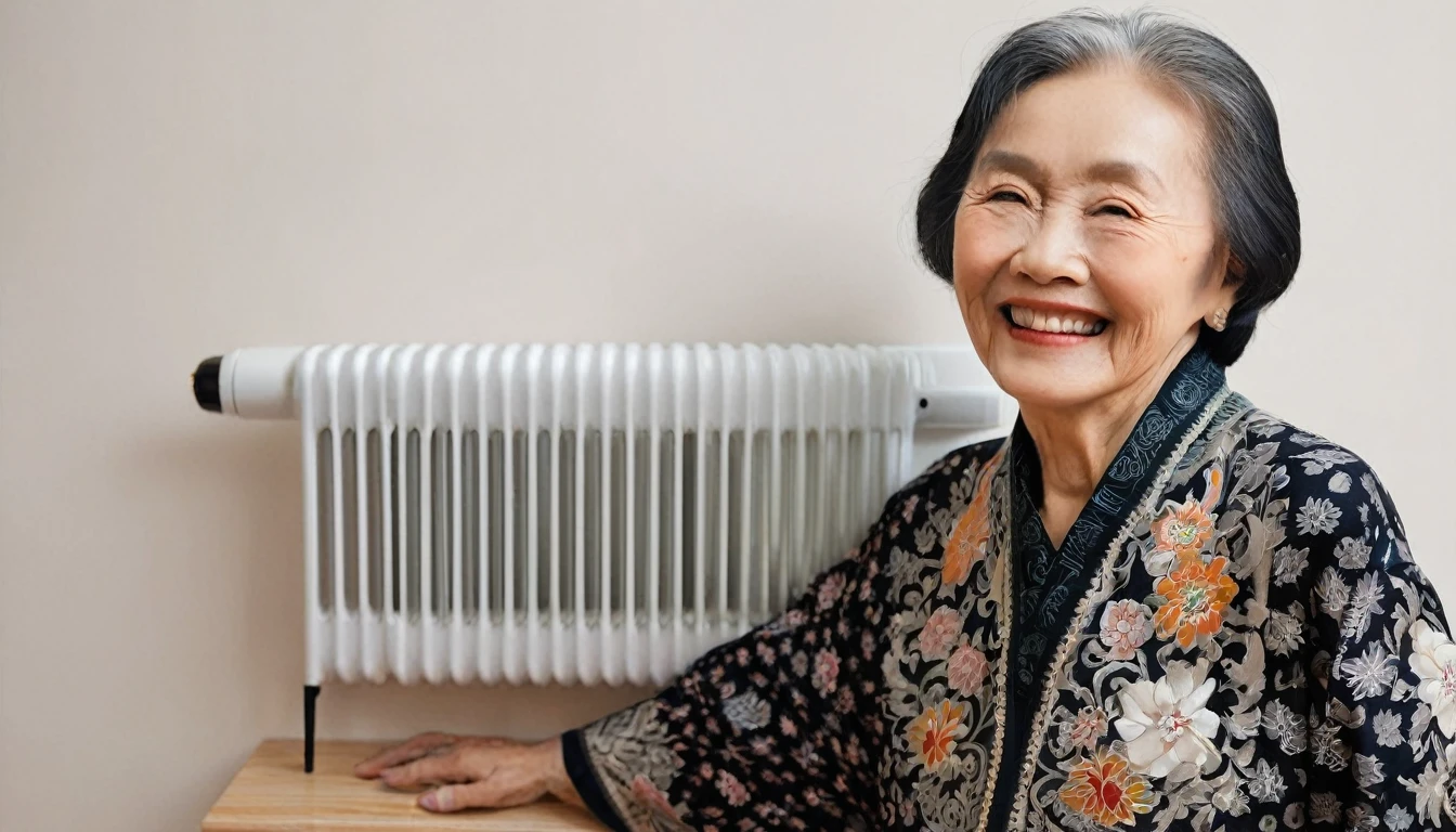 An elderly Asian,in living room,Hand touching the radiator,Facing the camera,Smile,Radiator against the wall,Chinese style decoration