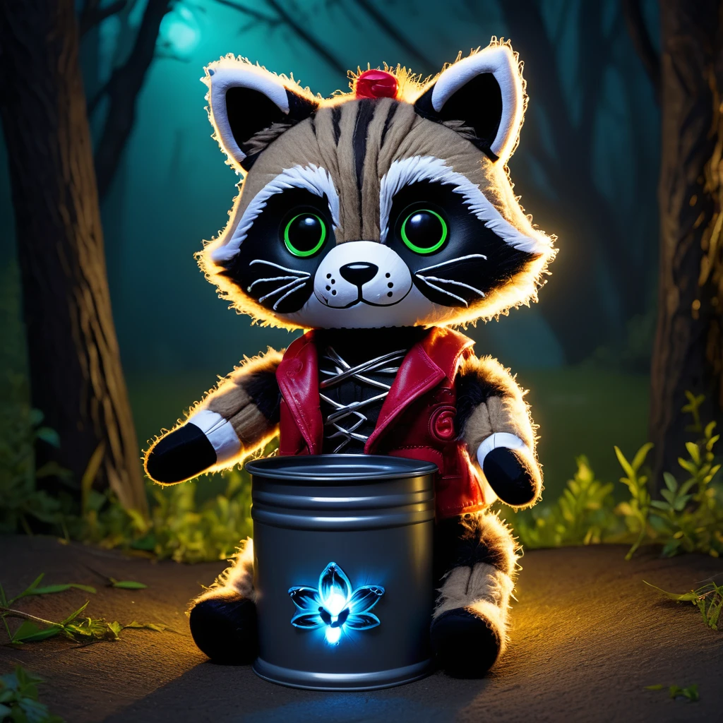(knitted toy voodoo doll:1.7), (Voodoo Raccoon in Park:1.3), (Clothing: dark fur with glowing silver patterns:1.0), (Accessories: enchanted cursed trash can lid, glowing ethereal bandana, mystical haunted park:1.2), (background: eerie park with floating, glowing fireflies and rustling shadows:1.2), best quality, masterpiece, detailed soft oil painting, detailed background, dramatic cinematic lighting, soft edge lighting, professional, dramatic lighting, hard edge lighting, ultra quality, 4k, masterpiece, best quality, 8k, ultra high definition, high resolution, extremely detailed