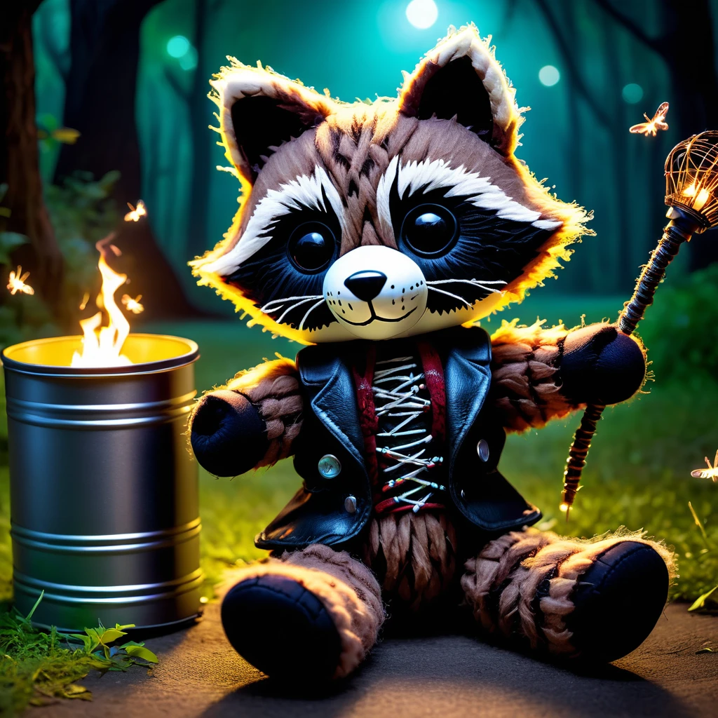 (knitted toy voodoo doll:1.7), (Voodoo Raccoon in Park:1.3), (Clothing: dark fur with glowing silver patterns:1.0), (Accessories: enchanted cursed trash can lid, glowing ethereal bandana, mystical haunted park:1.2), (background: eerie park with floating, glowing fireflies and rustling shadows:1.2), best quality, masterpiece, detailed soft oil painting, detailed background, dramatic cinematic lighting, soft edge lighting, professional, dramatic lighting, hard edge lighting, ultra quality, 4k, masterpiece, best quality, 8k, ultra high definition, high resolution, extremely detailed
