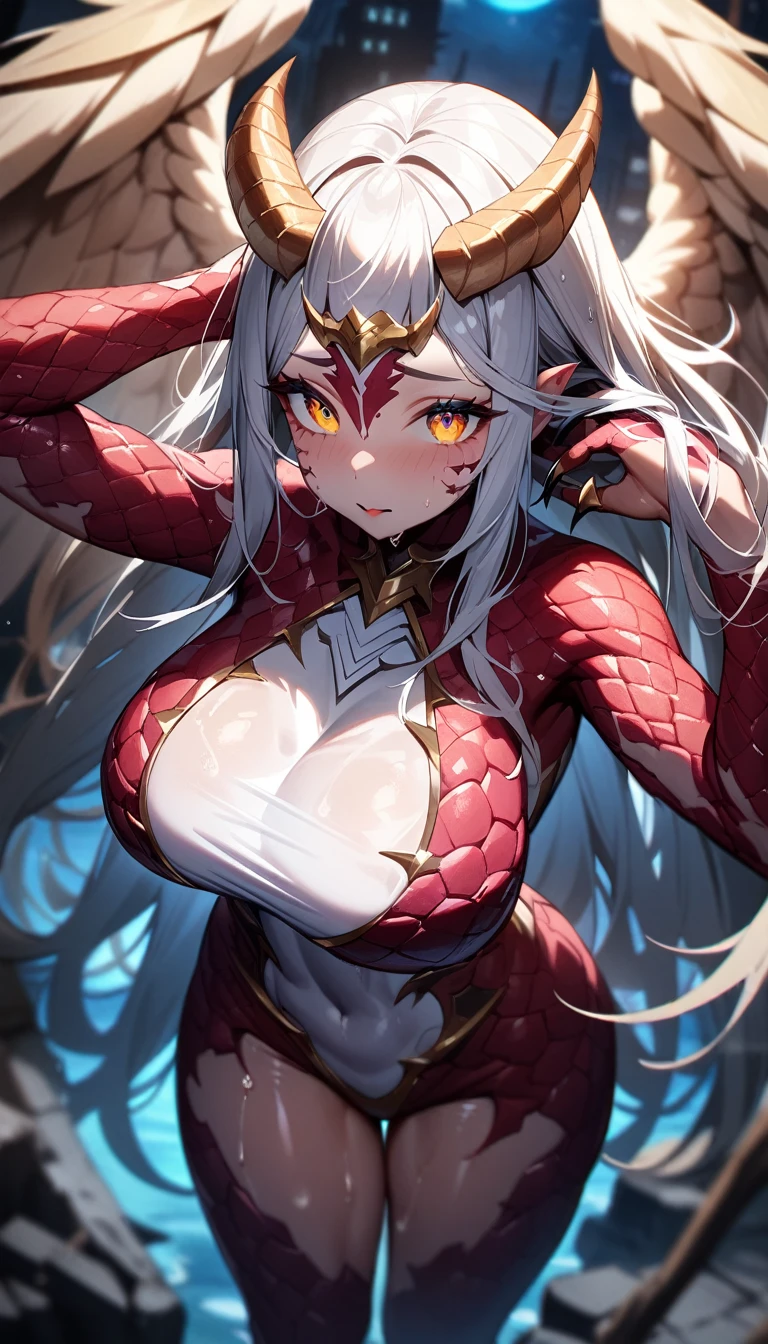 1girl,solo,super detailed skin,shiny skin,wet oily skin,natural face,majestic wings, majestic horns,small claws, scaly skin, multicolored skin,deep detailed eyes,eyelashes, large breasts,beautifully shaped breasts,vibrant colors,standing,Descending ,night ruins,hand in own hair,masterpiece,best quality,ultra detailed,high resolution,sharp focus,depth of field,