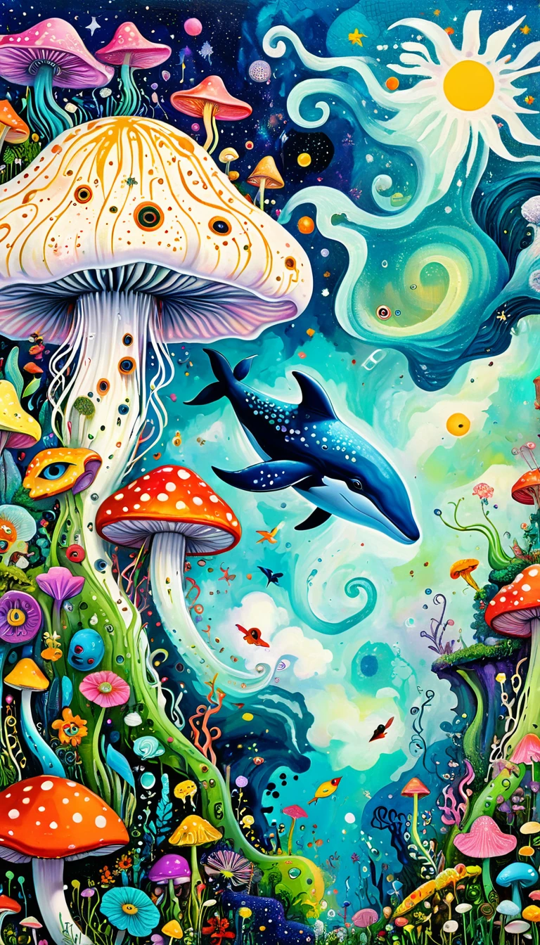 Children's graffiti,Thick coating,Concave and convex texture,Oil pastel strokes:Artists from the stars,Flying Whale:1.37、Mushroom Cloud、flowesh、Tentacles、bird、(((Eye)))、diatom,Abstract mosaic painting,Describing the inner world of autistic people,Large area of white,interesting,Innocence,Vision,Psychedelic Art,