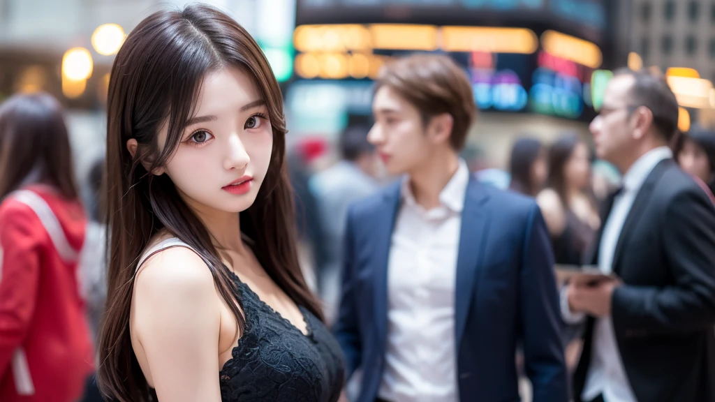 Troubled face、stock market、Physiologically correct body、Formal wear、A cute 20 year old girl、Medium Hair,Natural color lip, Blur the background