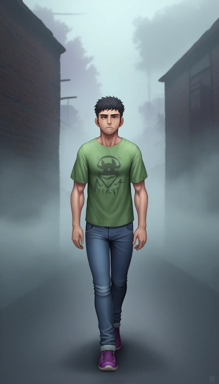 (zPDXL2), score_9, score_8_up, score_7_up, source_anime, 2d, BREAK 1boy, solo, fullbody, (athletic body), short messy black hair, brown eyes, (pale skin, drug addict, tired face), (walking, look to camera, centered pose), (deep purple color thick fog, deep purple mist around character, mystery atmosphere:1.5), (dirt t-shirt, jeans, green jacket), heavy atmosphere, BREAK AissistXLv2, unaestheticXL_bp5, SimplePositiveXLv2, zPDXL2 PonyXLV6_Scores