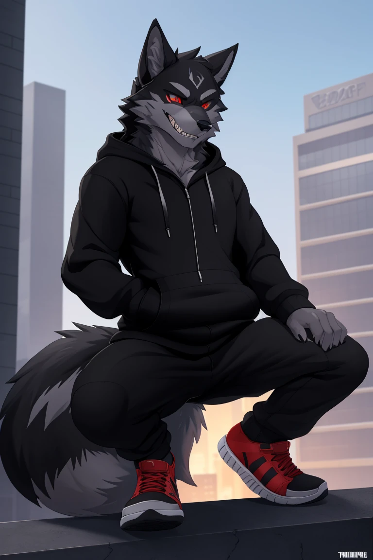 (4k , ultra detailed , flat colored)Furry werewolf , black wolf，Wear a black zip up hoodie，((hoodie is open)) , dark grey pants , open toed shoes , wolf feet , wolf tail , 1tail , tail on waist , malicious grin , blood red eyes , crouching over a building ledge 