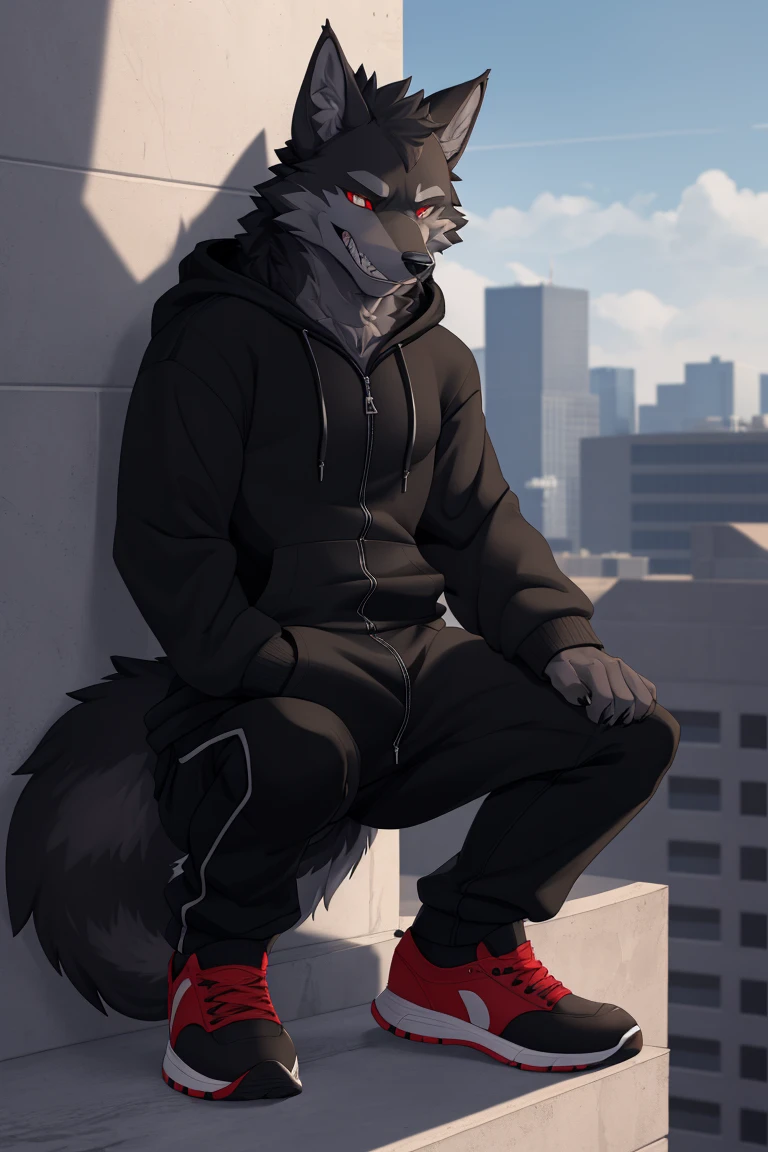 (4k , ultra detailed , flat colored)Furry werewolf , black wolf,Wear a black zip up hoodie,((hoodie is open)) , dark grey pants , open toed shoes , wolf feet , wolf tail , 1tail , tail on waist , malicious grin , blood red eyes , crouching over a building ledge