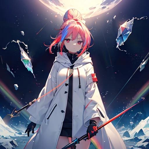 (((Have a rapier　length)))　((Fantasy　Rainbow Hair　length髪　Hair Bun　Dull red eyes　High Neck Hoodie　Mouth covered by clothing　Put on a coat without putting your arms through it　Lonely　despair))　((tears　gloves))　(Broken glass　Distorted Space-Time　star　moon)　Catch the wind　Shining Background　Particles of light, Shining Edges