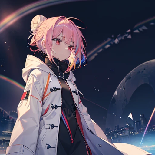 (((Have a rapier length))) ((Fantasy Rainbow Hair length髪 Hair Bun Dull red eyes High Neck Hoodie Mouth covered by clothing Put on a coat without putting your arms through it Lonely despair)) ((tears gloves)) (Broken glass Distorted Space-Time star moon) Catch the wind Shining Background Particles of light, Shining Edges