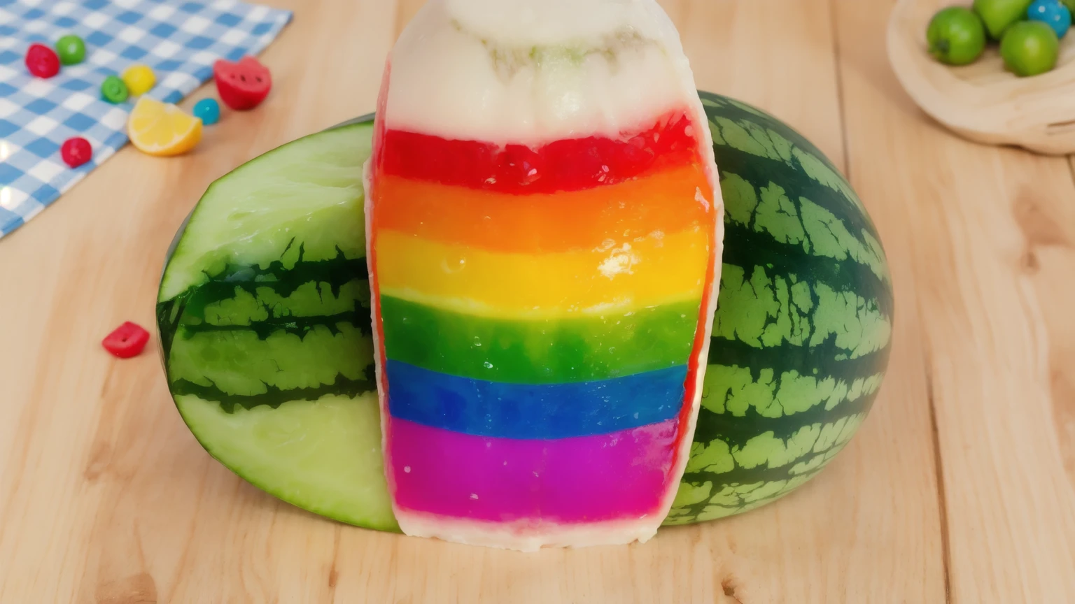 on a wooden table, Watermelon divided into two parts, Rainbow cream flows out of watermelon rind, bright lighting, Realistic style , realistic texture, detailed texture, a high resolution, high quality, macro photography 