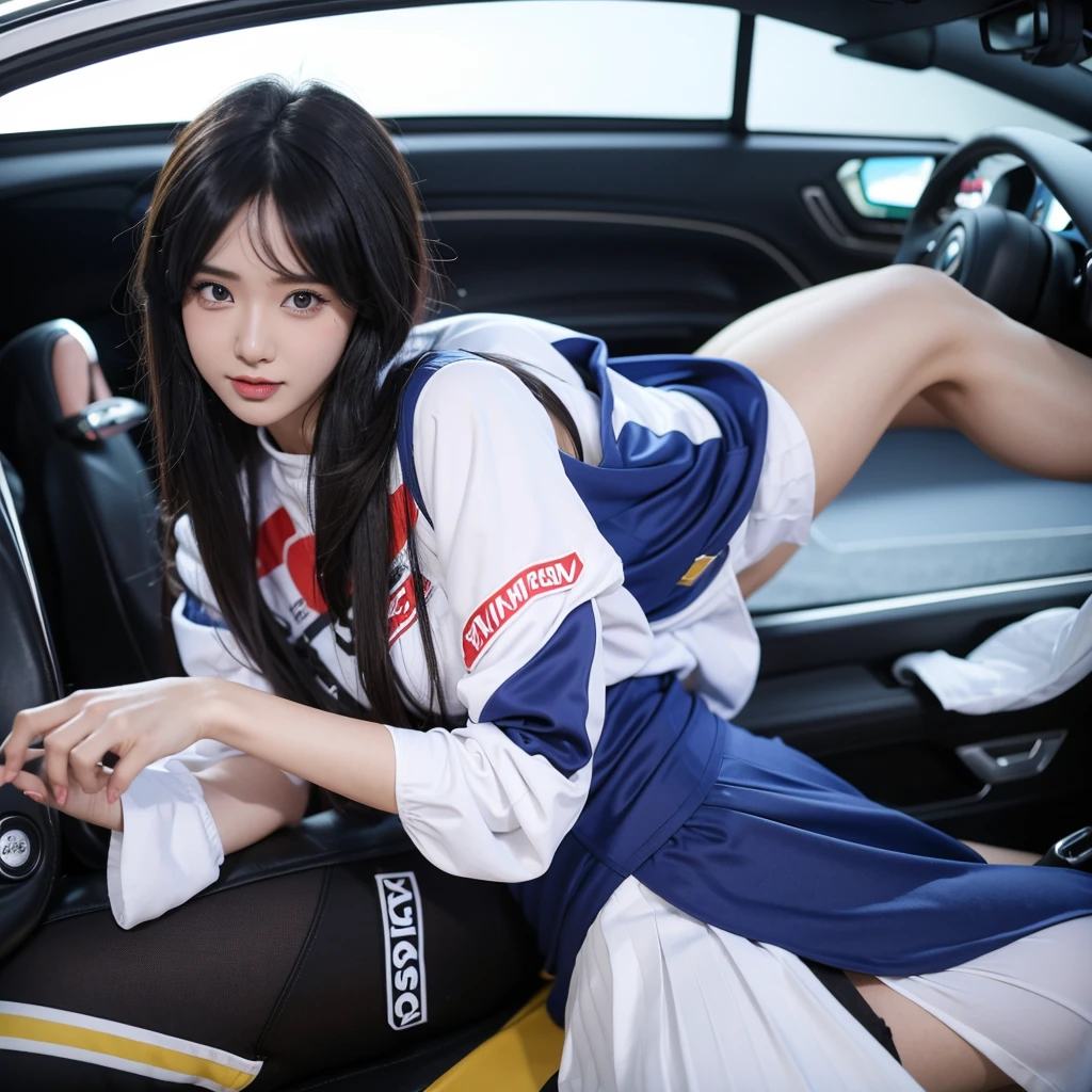 Ultra detailed face、Cool woman、Colorful costumes、F1 Driver Cosplay、Colorful costumes、Clothing with company logo、Grid Girlsのカラフルで派手な衣装、Grid Girls、Perfect Face、Paddock Girls、Harem、motor Show、tights、Bodycon Costumes、Grid Girls、Russia、Grid Girlsのコスプレ、belly button、Pleated skirt、Bodycon Costumes、Photographed in a sexy pose