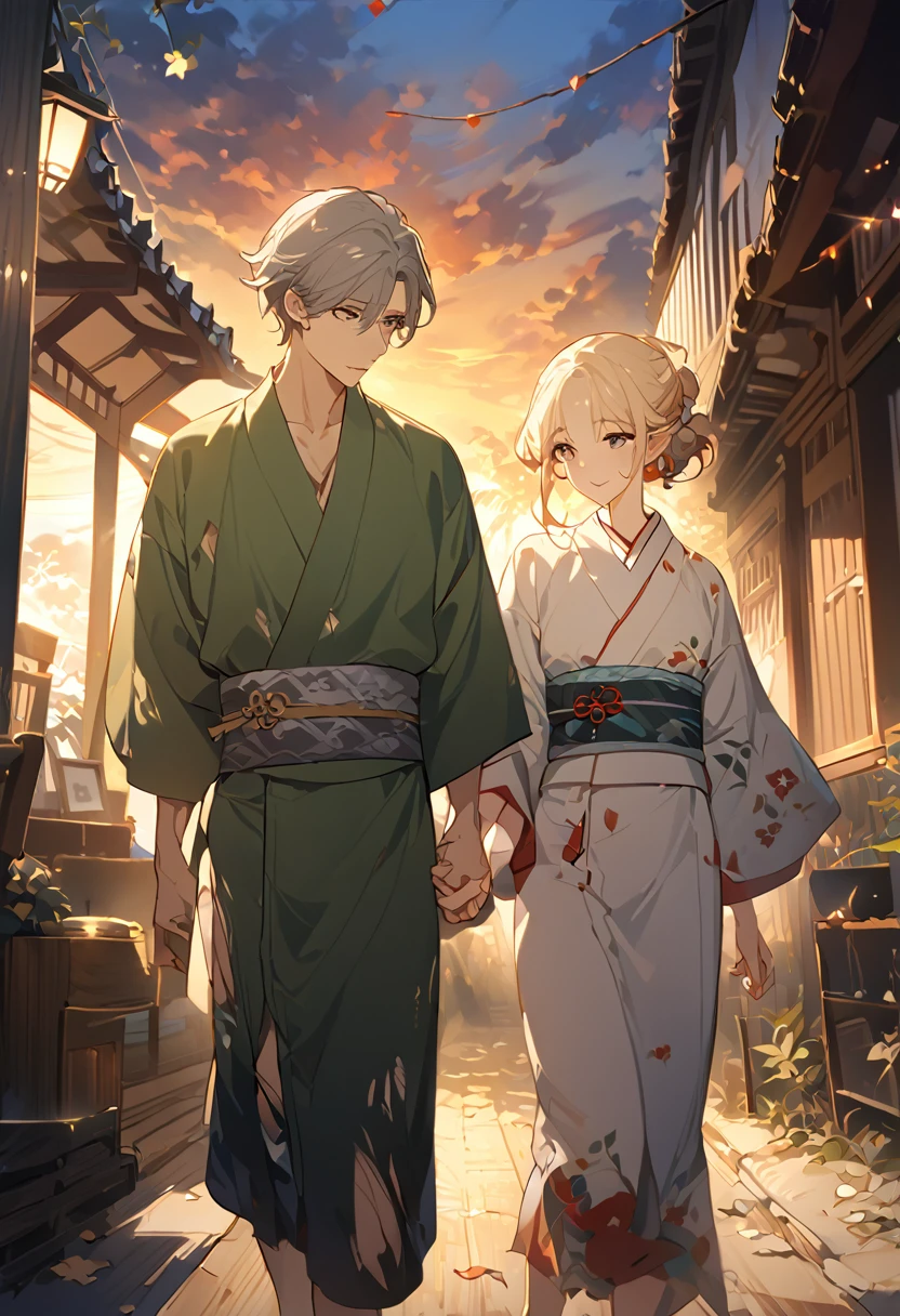 masterpiece, best quality, 8k ,4k, 2 boys, elf boys, long ears elf, twin elf, (one boy dark grayish hair with dark greenish eyes, torn and worn out clothes, yukata like clothes, thin body), (one boy light blond hair with dark bluish eyes, clean and neat clothes, yukata like clothes), stand side by side, holding hand, inspired by Asukaziye artist : ask, art style : ask