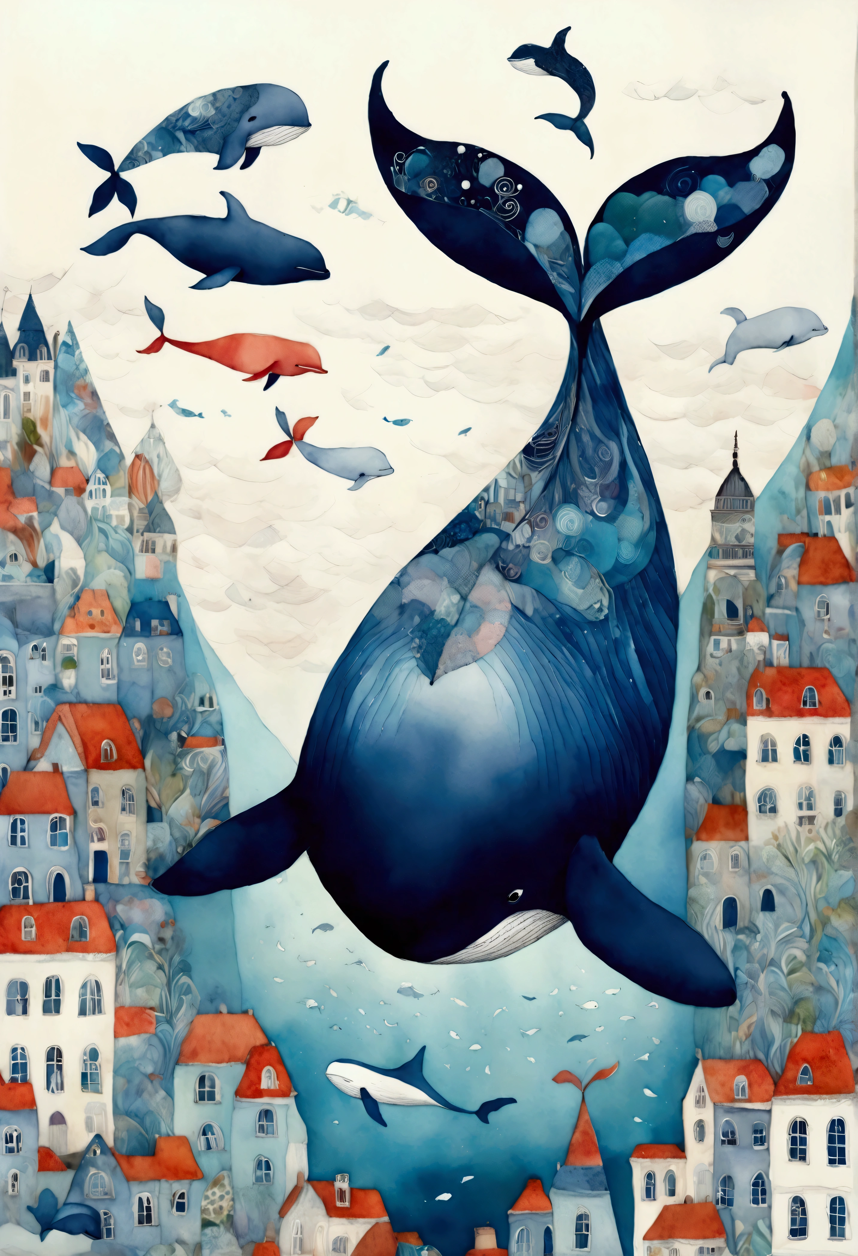 create artistic handmade pieces,This is a dreamy and colorful work that looks like an illustration in a picture book.,Collage using various art materials,A sky pattern drawn by mixing blue and black,watercolor style background,cloth,quilting,Embroidery thread,Looking down on the cityscape painted in white and light blue from above,(Flying Whale:Anatomically Correct Whale:Cute Whale),Cityscape and sky of a European city near the sea,BREAK,(Flying Whale:Anatomically Correct Whale:Cute Whale),BREAK,rich expression,Use various patterns such as geometric patterns and traditional patterns,An imaginative dream world,happy dream,artwork,patchwork,intricate details,anatomically correct,perfect anatomy,kind,rich colors,Careful in every detail,structurally correct