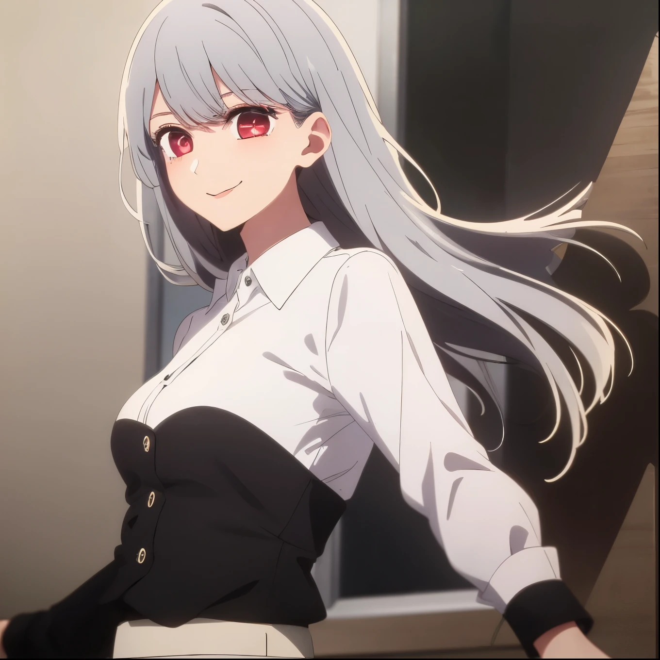 ((masterpiece, best quality)), (1girl), (solo), (female focus), (white hair, long hair), (red eyes), light smile, closed mouth, (white buttoned shirt), ((short black skirt)), bust-up, white background, dynamic angle, 25 year old woman