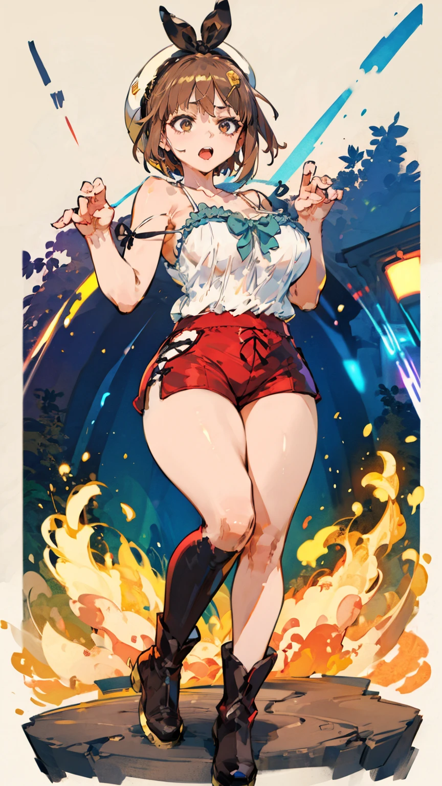 (Highest quality, 8k, masterpiece :1.3),Lizaリン・シュタウト(Lizaのアトリエ),Liza, One woman,Large Breasts,short hair,Brown Hair,hair band,Clothing,hat,White shirt,White camisole,Red shorts,Brown long boots,Blowjob,nsfw,Plump body,Thighs,Full Nelson Pose,Armlock,Piledriver