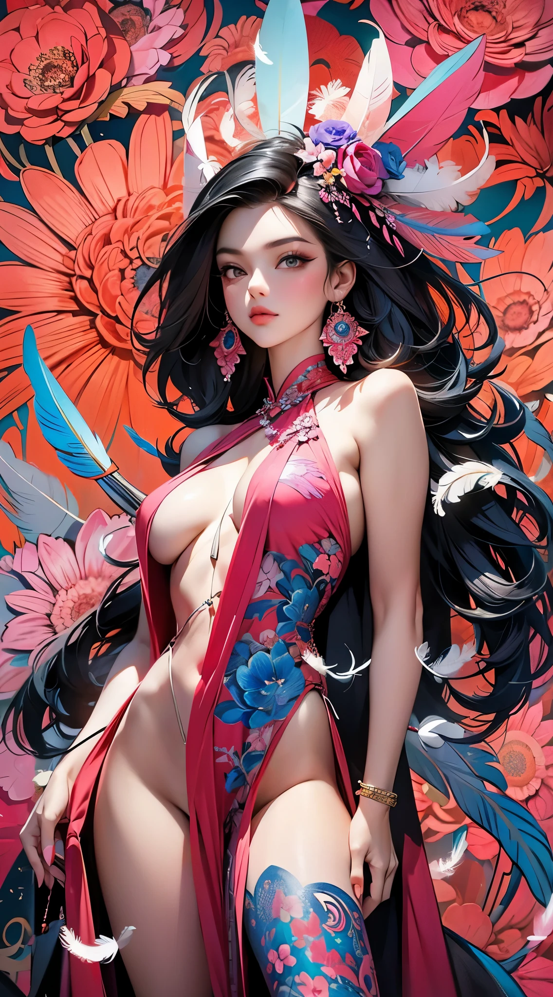 erjie, girl in a fluid and dynamic pose, wearing a loose, flowing pink dress, mysterious expression, curly black and pink hair, [Zhang Ziyi|Aishwarya Rai], in a modern and abstract setting, with bold and colorful abstract art, blurred background, bright lighting, official art, unity 8k wallpaper, (zentangle, mandala, tangle, entangle), intricate clothes,zhongfenghua (full body,from everywhere,masterpiece, top quality, best quality, official art, beautiful and aesthetic:1.2), extremely detailed,(fractal art:1.1),(colorful:1.1)(flowers:1.3),highest detailed,(zentangle:1.2), (dynamic pose), (abstract background:1.3), (shiny skin), (many colors:1.4), (feathers:1.5), dynamic angle, the most beautiful form of chaos, elegant, a brutalist designed, vivid colours, romanticism,