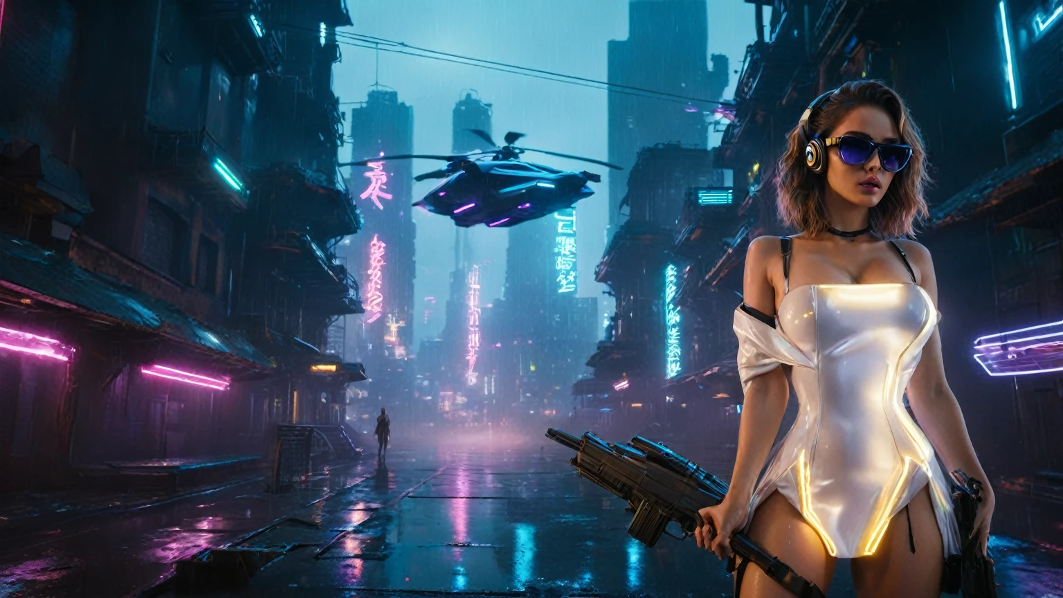 (aerial view, a flying cars docking platform, a very dark abandoned futuristic city, neon lights), rainy night. (((1girl, solo, alone))), large-breast:1.2 slim body, cleavage:1.1, sexy wind blowing wet dress:1.4, (((headphone, black sunglasses, standing and holding pistol:1.8, dynamic rushing pose))), (((((half-body thigh level medium shot))))), cinematic lighting, lens flare, ray tracing.