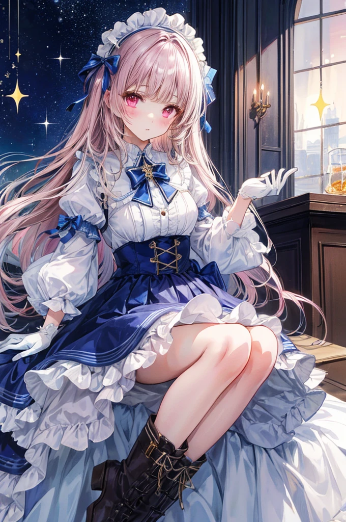 Little Bar Peep、She&#39;s a fair-skinned girl with cool pink cheeks.. Her hair is vanilla blonde, A little lighter than Mini&#39;s hair. It is in the shape of a ring, Pulled back by two pink ribbons、Comes with lace-trimmed bonnet.

Her dress has been updated a bit.. Over a pale pink eyelet lace skirt、It has a periwinkle polka dot top bordered with white lace.。. Gone are the lace-up bodices.. Her bloomers are pink and white gingham.、It is bordered with lace, Her boots are blue and white. The big doll has no gloves.  Shine; Glitter
