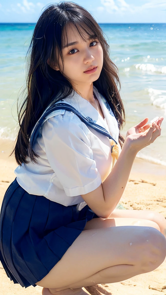 (((Top-down configuration:1.33)))、((No underwear:1.55))、One Girl、Beautiful and detailed eyes and face、barefoot、20 year old cute Japan woman, ((Extremely precise and accurate anatomy:1.0)), (photo Realistic:1.4), (hyper Realistic:1.4), (Highest quality realistic skin texture:1.4), (Improvement of quality:1.4), (Enhances the beauty of skin texture:1.1), Clean and glowing skin, mesh, thin:1.2, (Realistic:1.3), Realistic lighting, (Smoother lighting:1.05), (Improving the quality of cinema lighting:0.9), Backlight, A gentle light shining on your face, Ray Tracing, (Bright light:1.2), 32K, One Japanese woman, fine grain, Detailed face, (Film Grain:1.1),(Accentuates body lines:1.1), High resolution, Natural look, Kind eyes, Improves hair quality, Delicate light and shadow, Transparent muscle, Graceful pose, Beautiful Eyes, Sharp details, Soft light reflection, Beautiful contours, Delicate skin tone, Fine hair texture, Natural background, (((sunny day、Beach、A strong wind is blowing、Her hair and skirt are flying、squat, Traditional navy blue sailor uniform、Open shirt、Pleated skirt、Scooping seawater with hands:1.25、splash、Sandy Beach、Light of the sun、clear blue sea、The waves crash quietly、Blue sky and white clouds、green mountain々、Beautiful Nature、The joy of youth)))、