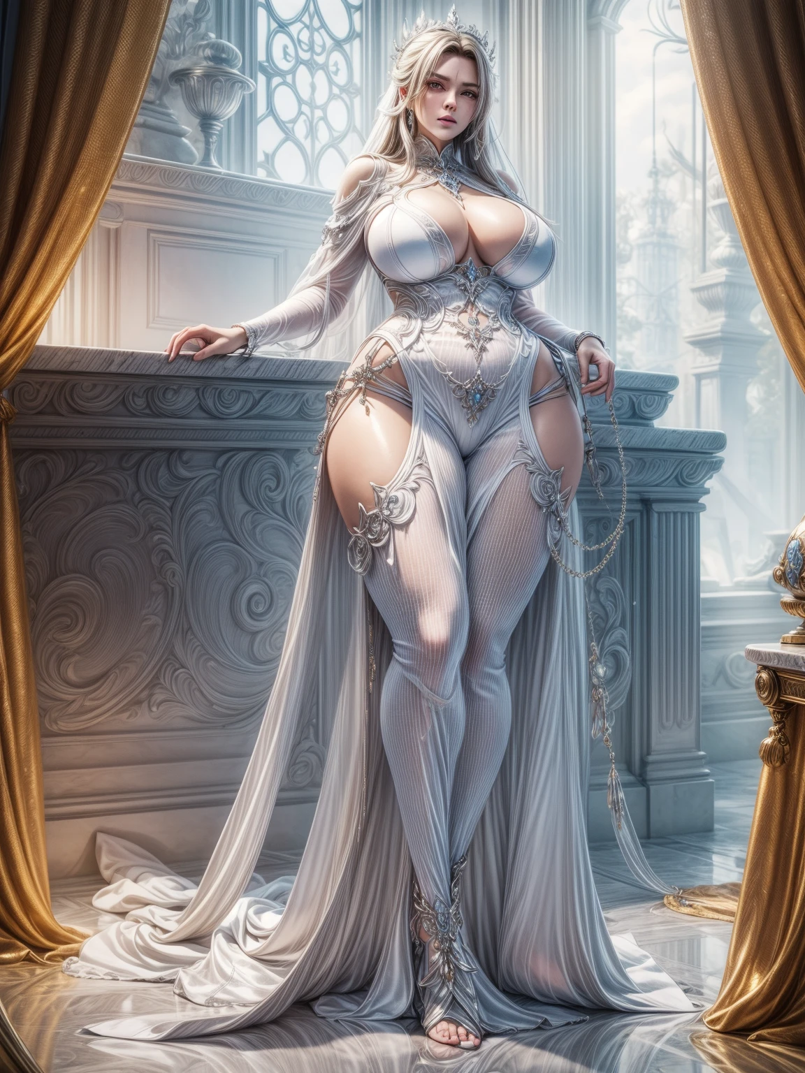 Full body, masterpiece, highest quality, (perfect face:1.1) , (high detail:1.1), dramatic, female triplets, breasts, white hair, red eyes, cleavage, long hair, curvy, large breasts, moon, see-through, night, dress, thighs, navel, white dress, laced choker, bare shoulders, wide hips, thick thighs, lips, covered, laced robe, pelvic curtain, laced pelvic curtain, toned pelvis, toned hips, milky hips, navel piercings, body piercings, huge breasts, big biceps, thigh muscles, bruised knees, white Heels, white sandals, body piercings, Chun Li thighs, string panties, castle, detailed background, art by artgerm and greg rutkowski, cinematic lighting