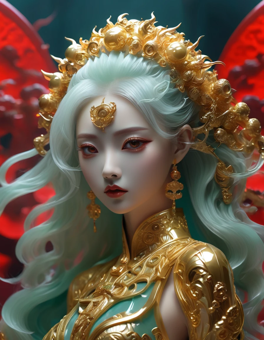 A fashion runway , Exquisite facelook,vogue photography , Inspired by Chinese Xianxia and cyberpunk。(Best quality,4K,8K,A high resolution,Masterpiece:1.2), (Realistic,Photorealistic,photo-realistic:1.37).Gold inlaid jade style,Shiny,Exquisite,Hell Girl,Riding the Ruby Monster