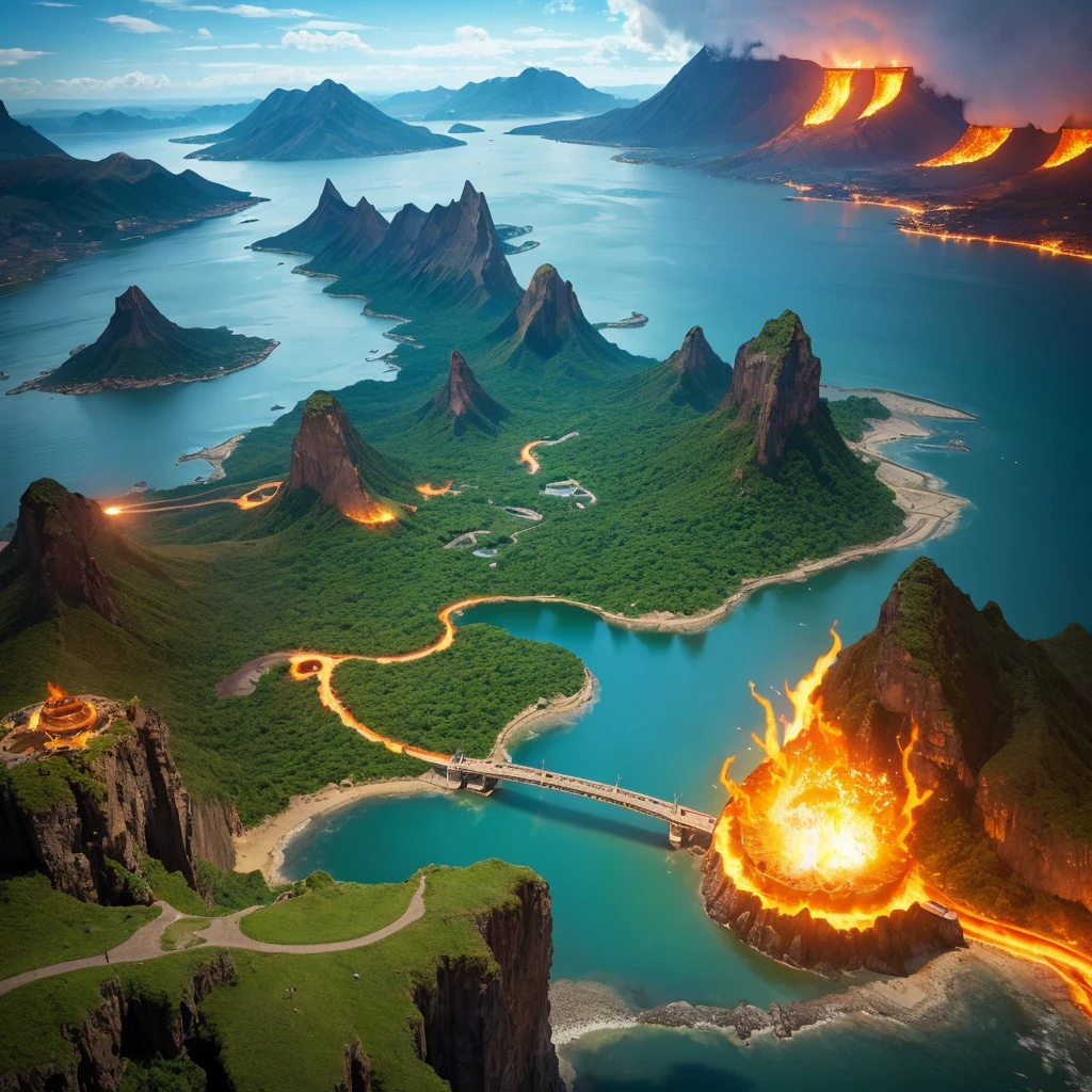 Imagine a world called Elementaria, where four elements—fire, water, earth, and air—each dominate their own realm. Each realm is uniquely designed to reflect its element: fiery landscapes with molten rivers and volcanic mountains, aquatic realms with vast oceans and waterfalls, earthen territories with dense forests and towering cliffs, and airy regions with floating islands and sky bridges. The inhabitants, each possessing elemental abilities, live in harmony but must work together to maintain balance and prevent catastrophic events. The environment showcases the raw power and beauty of each element, creating a dynamic and interconnected world.