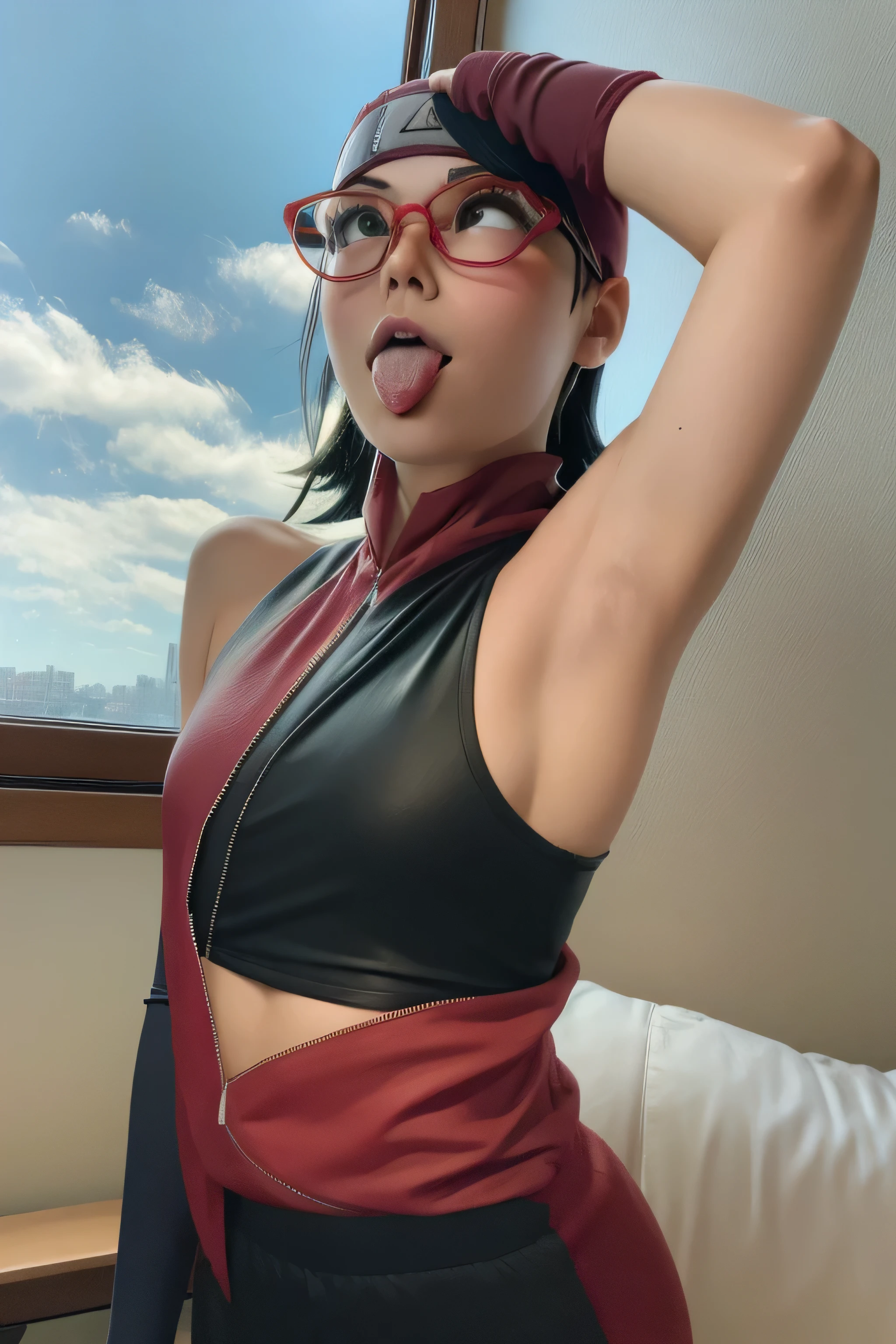 1 girl, standing, beautiful Sarada Uchiha, 18 years old, Cups, Black thighs, arm warmers, forehead protector, shorts, short hair, big chest, wearing glasses, small hips, big ass, medium breasts,capture anime screen, Sarada is 18 years old, mature appearance,armpits,sweat,sweaty,sweaty armpits,arms up,showing armpits,awesome armpits,outfit, red arm warmers,maroon arm bands,red arm warmers