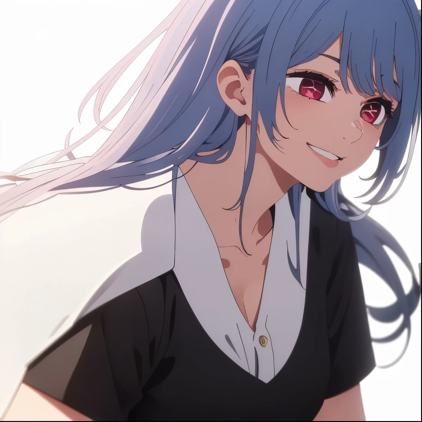 ((masterpiece, best quality)), (1girl), (solo), (female focus), (white hair, long hair), (red eyes), light smile, closed mouth, (white buttoned shirt), ((short black skirt)), bust-up, white background, dynamic angle, 25 year old woman