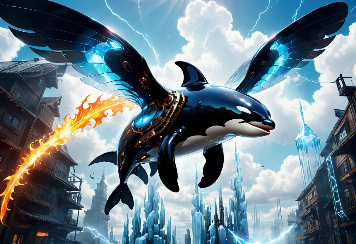 Cyberpunk style Orcinus orca flying in the sky, Huge transparent wings, (electricity),(flame),(ice),(gem),cloud, Metal Material,Wood texture, Depth of Field, Blurred background,A fusion of aesthetics and dynamics,Wide-angle lens ,(masterpiece, Top quality, best quality, Official Art, beautiful and aesthetic:1.2), rich and colorful, Glowing skin,