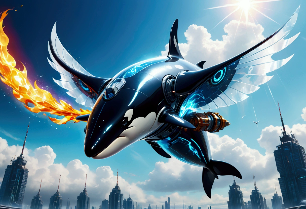 Cyberpunk style Orcinus orca flying in the sky, Huge transparent wings, (electricity)，(flame)，(ice)，(gem)，cloud, Metal Material，Wood texture, Depth of Field, Blurred background,A fusion of aesthetics and dynamics,Wide-angle lens ,(masterpiece, Top quality, best quality, Official Art, beautiful and aesthetic:1.2), rich and colorful, Glowing skin,