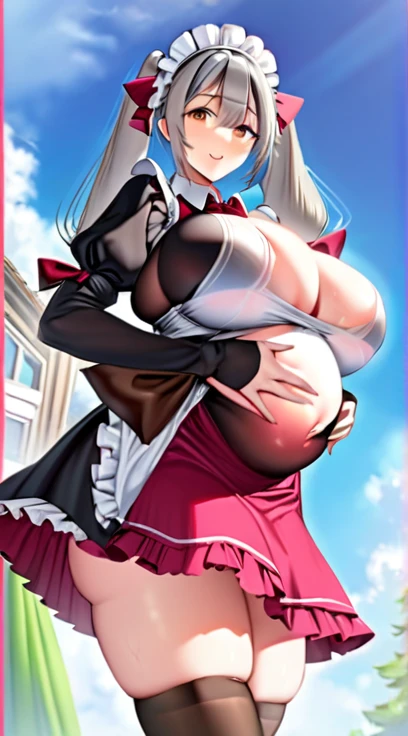 Maid,,Super Breasts,Preomen,Pregnant belly,Gray Hair,Twin tails