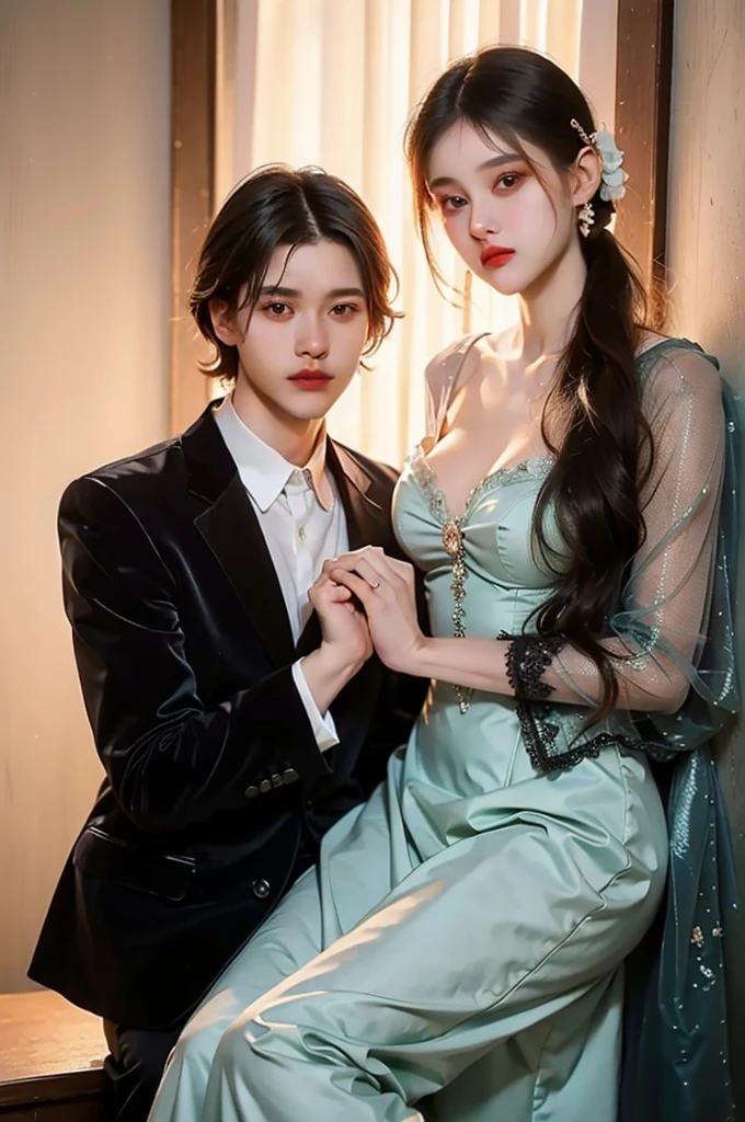 Beautiful and gentle ladies and handsome and cool men,Two people leaning together,Sweet atmosphere,Two people standing in the mansion,Perfect face,bust,Haute couture dresses
