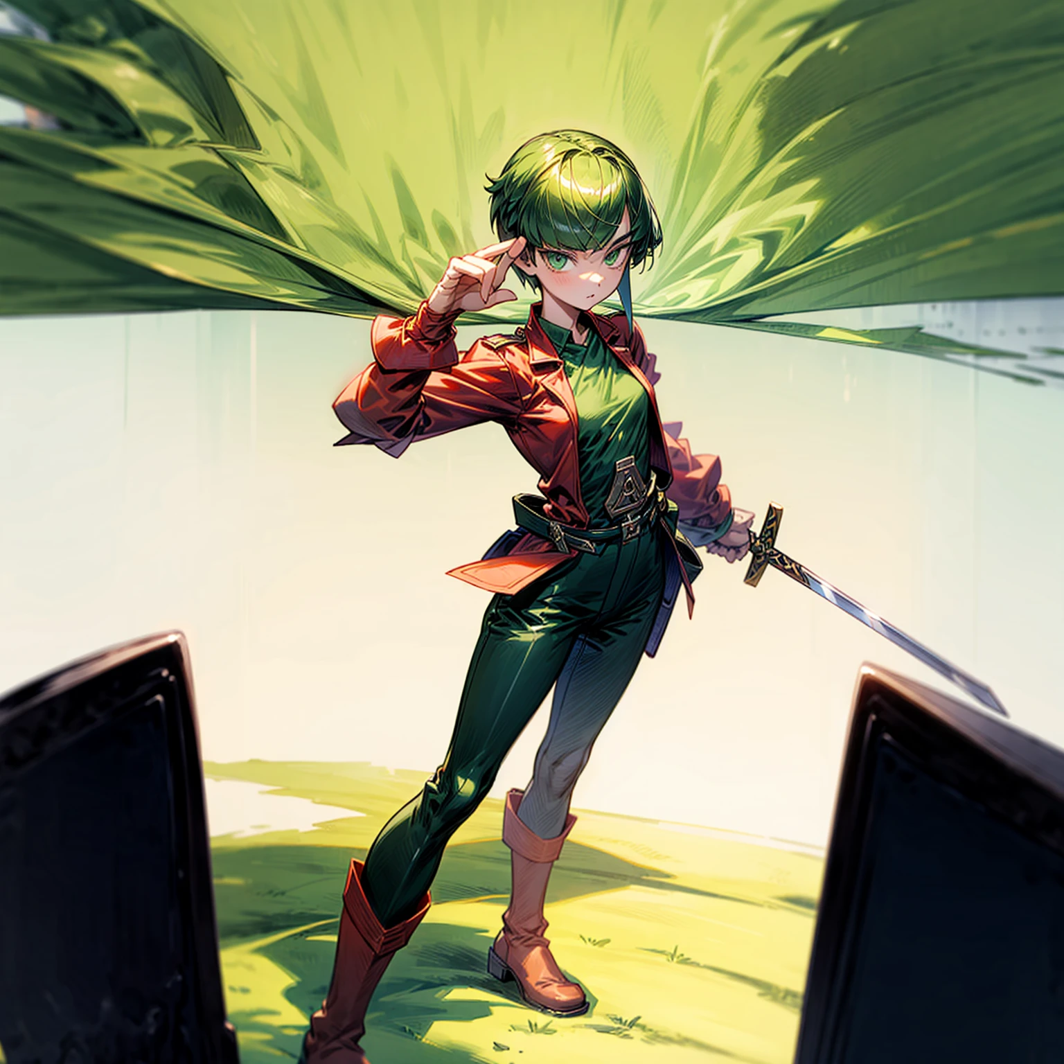 1girl, Full body version, 1character, green eyes, short haircut, green color hair, soldier style clothing, red colour clothing, boots, Grassroots, background street city, motion blur, (detective conan style art), standing gesture, sword in hand