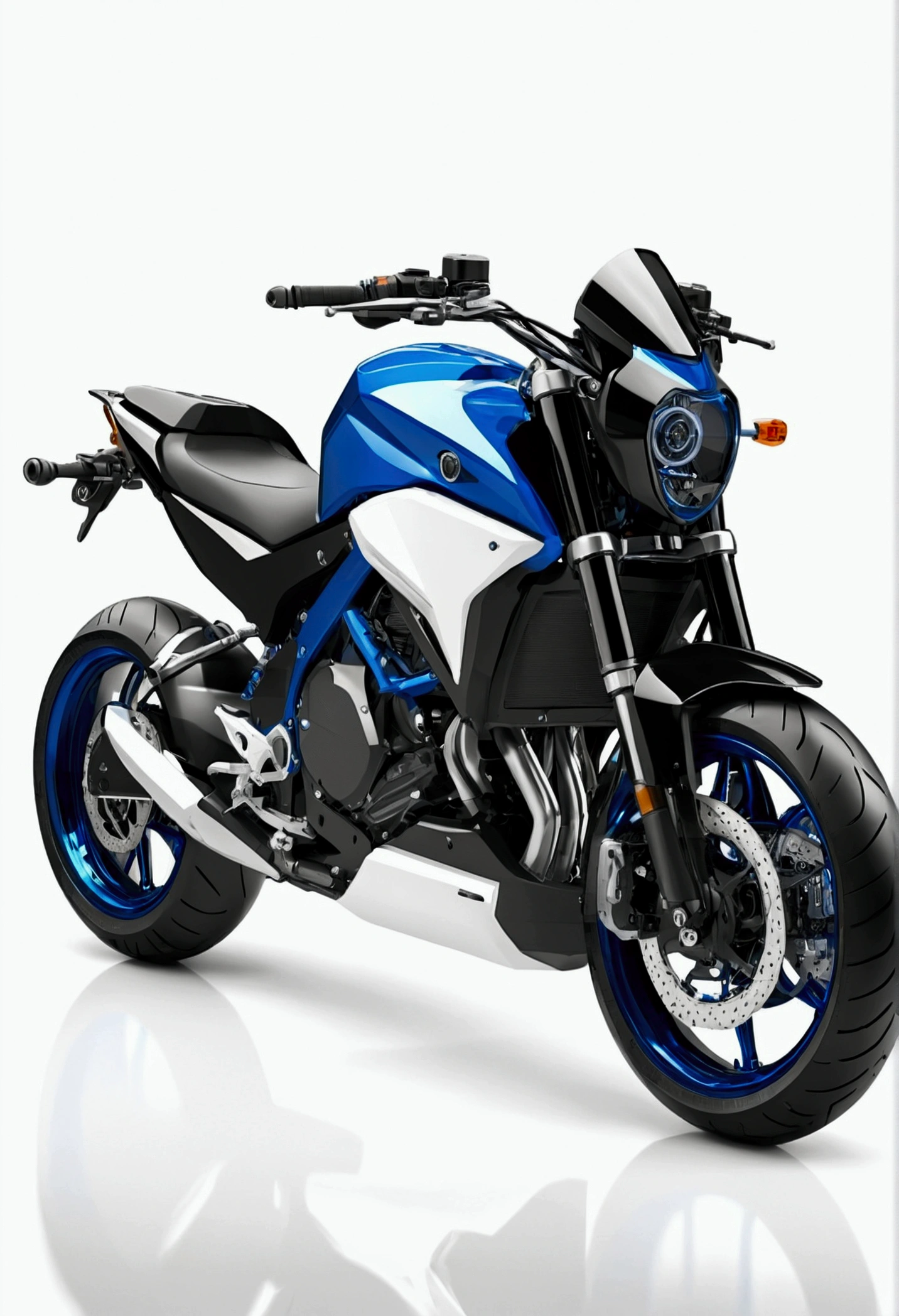 A hightech modern motorcycle,3/4 view,black and blue,white background,