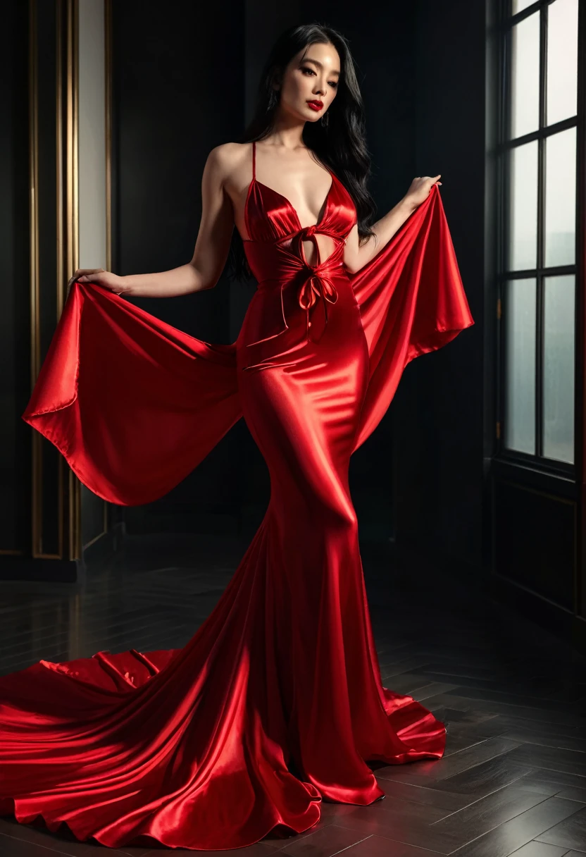 a woman in the translucent red silk gown, full body,black long straight hair, brest expose, half neked, tiead in satin rope, tied tight,mermaid tight long gown, flowy dramatic long gown, double long satin train ( 4 meter long ),red satin sheet, wear high heels, masterpice, 4k resolution, ultra-realistic, highly detail.