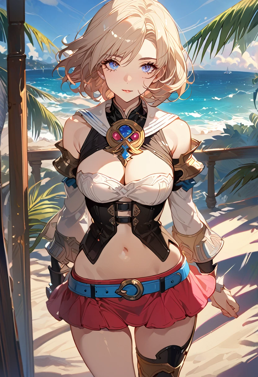 masterpiece, best quality, 8k, 4k, 1girl, ashelia final fantasy xii, Ashelia, short hair, pale blonde hair, blue eyes, white detached sailor like collar, round brooch, gold brooch with pink and blue jewel, white shirt, longer side shirt, cleavage, midriff, detached sleeves, bracer, black corset, corset under shirt, reddish pink skirt, microskirt, super tight skirt, blue belt, black high thigh with gold pattern , gold boots, slim body, looking at viewer, standing nicely, wind blowing, finely detailed eyes and detailed face, face detailed, hair detailed, clothes detailed, ((high quality)), extreme detail, beach sand, palm tree, calm water, high hills overlooking the sea, hollowed hills,  inspired by Asukaziye artist : ask, art style : ask