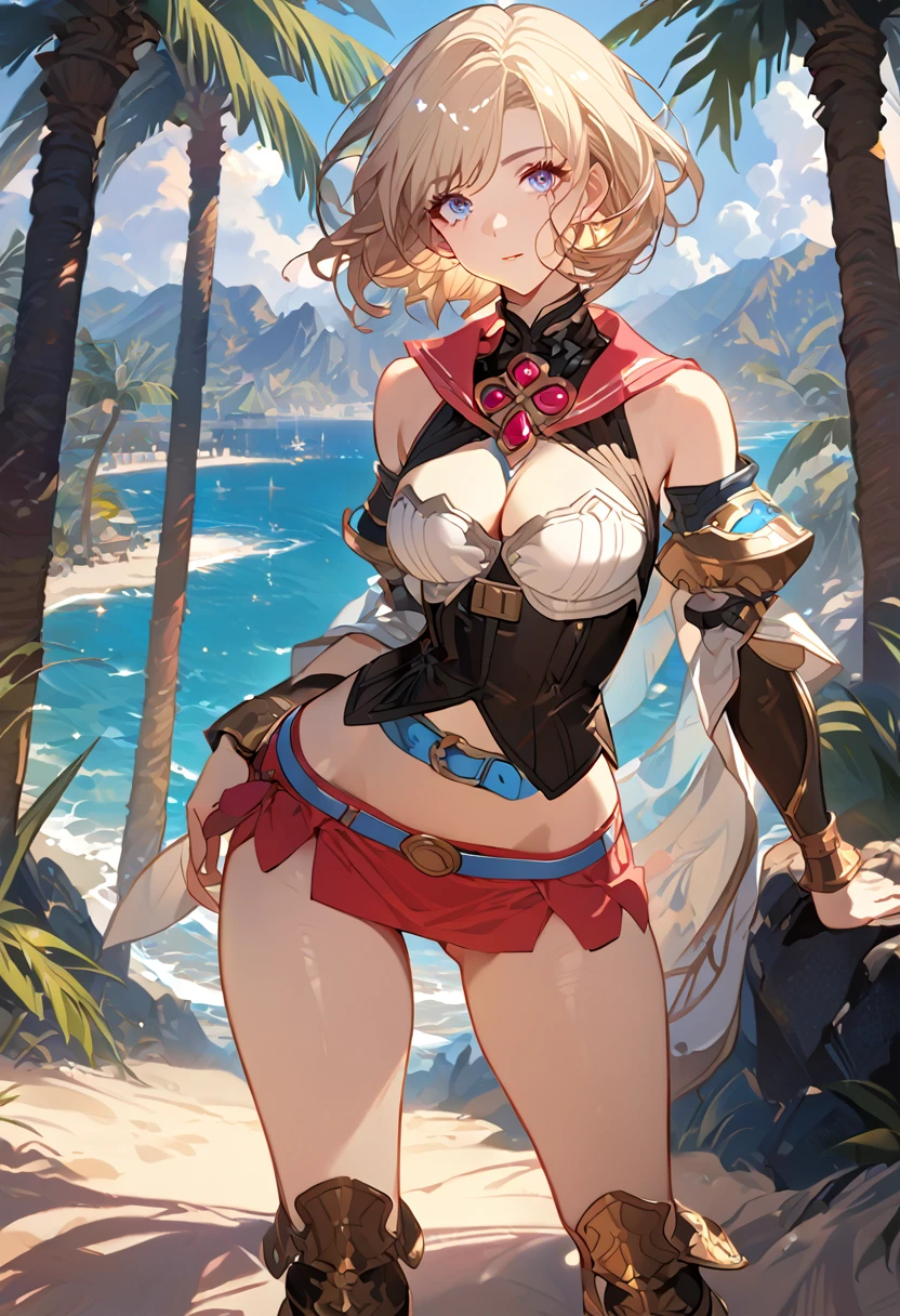 masterpiece, best quality, 8k, 4k, 1girl, ashelia final fantasy xii, Ashelia, short hair, pale blonde hair, blue eyes, white detached sailor like collar, round brooch, gold brooch with pink and blue jewel, white shirt, longer side shirt, cleavage, midriff, detached sleeves, bracer, black corset, corset under shirt, reddish pink skirt, microskirt, super tight skirt, blue belt, black high thigh with gold pattern , gold boots, slim body, looking at viewer, standing nicely, wind blowing, finely detailed eyes and detailed face, face detailed, hair detailed, clothes detailed, ((high quality)), extreme detail, beach sand, palm tree, calm water, high hills overlooking the sea, hollowed hills,  inspired by Asukaziye artist : ask, art style : ask