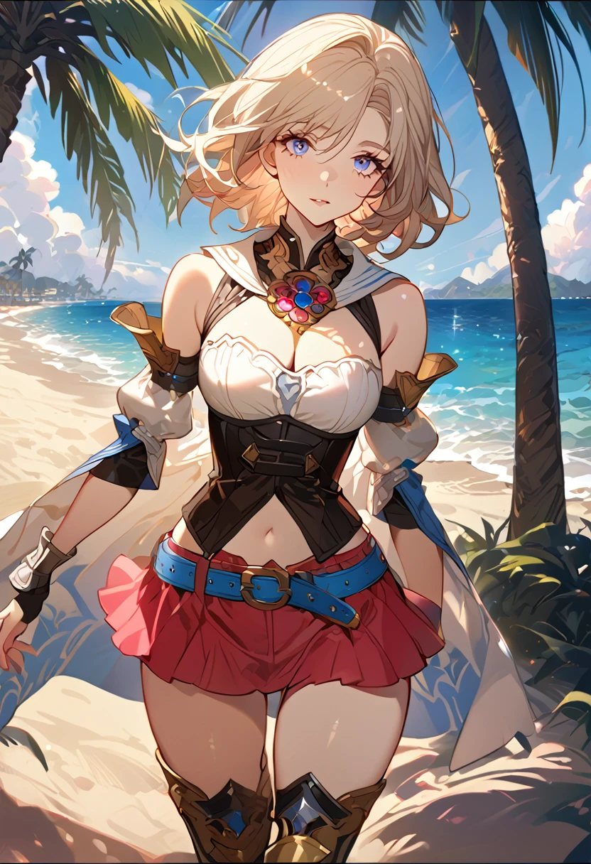 masterpiece, best quality, 8k, 4k, 1girl, ashelia final fantasy xii, Ashelia, short hair, pale blonde hair, blue eyes, white detached sailor like collar, round brooch, gold brooch with pink and blue jewel, white shirt, longer side shirt, cleavage, midriff, detached sleeves, bracer, black corset, corset under shirt, reddish pink skirt, microskirt, super tight skirt, blue belt, black high thigh with gold pattern , gold boots, slim body, looking at viewer, standing nicely, wind blowing, finely detailed eyes and detailed face, face detailed, hair detailed, clothes detailed, ((high quality)), extreme detail, beach sand, palm tree, calm water, high hills overlooking the sea, hollowed hills,  inspired by Asukaziye artist : ask, art style : ask