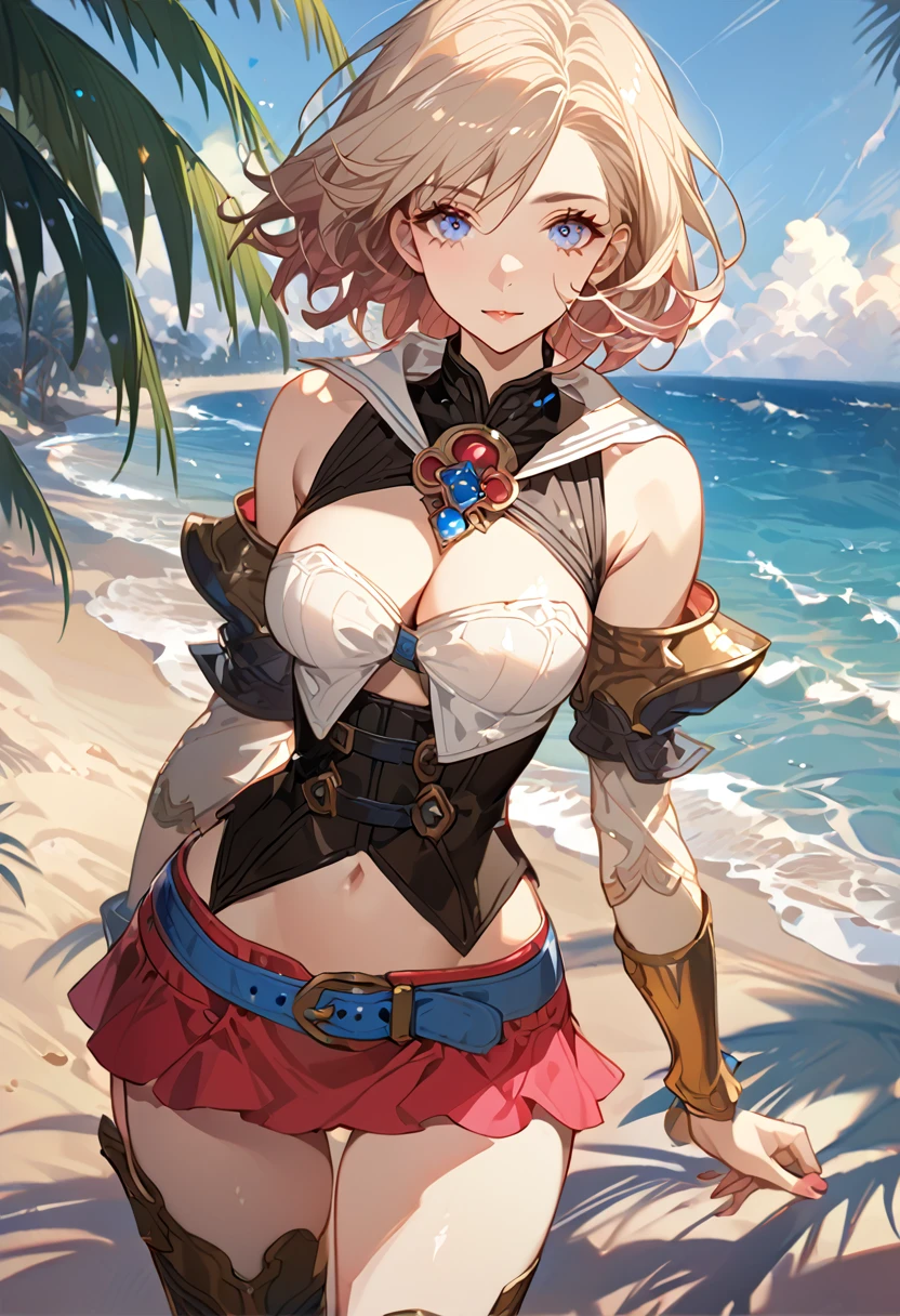 masterpiece, best quality, 8k, 4k, 1girl, ashelia final fantasy xii, Ashelia, short hair, pale blonde hair, blue eyes, white detached sailor like collar, round brooch, gold brooch with pink and blue jewel, white shirt, longer side shirt, cleavage, midriff, detached sleeves, bracer, black corset, corset under shirt, reddish pink skirt, microskirt, super tight skirt, blue belt, black high thigh with gold pattern , gold boots, slim body, looking at viewer, standing nicely, wind blowing, finely detailed eyes and detailed face, face detailed, hair detailed, clothes detailed, ((high quality)), extreme detail, beach sand, palm tree, calm water, high hills overlooking the sea, hollowed hills,  inspired by Asukaziye artist : ask, art style : ask