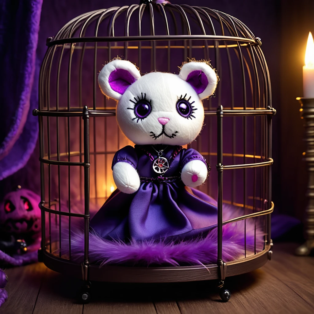 (knitted toy voodoo doll:1.7), (Voodoo Hamster in Cage:1.3), (Clothing: dark fur with glowing purple accents:1.0), (Accessories: enchanted cursed wheel, glowing ethereal bedding, mystical haunted pet room:1.2), (background: eerie pet room with floating, glowing dust and faint scratching sounds:1.2), best quality, masterpiece, detailed soft oil painting, detailed background, dramatic cinematic lighting, soft edge lighting, professional, dramatic lighting, hard edge lighting, ultra quality, 4k, masterpiece, best quality, 8k, ultra high definition, high resolution, extremely detailed